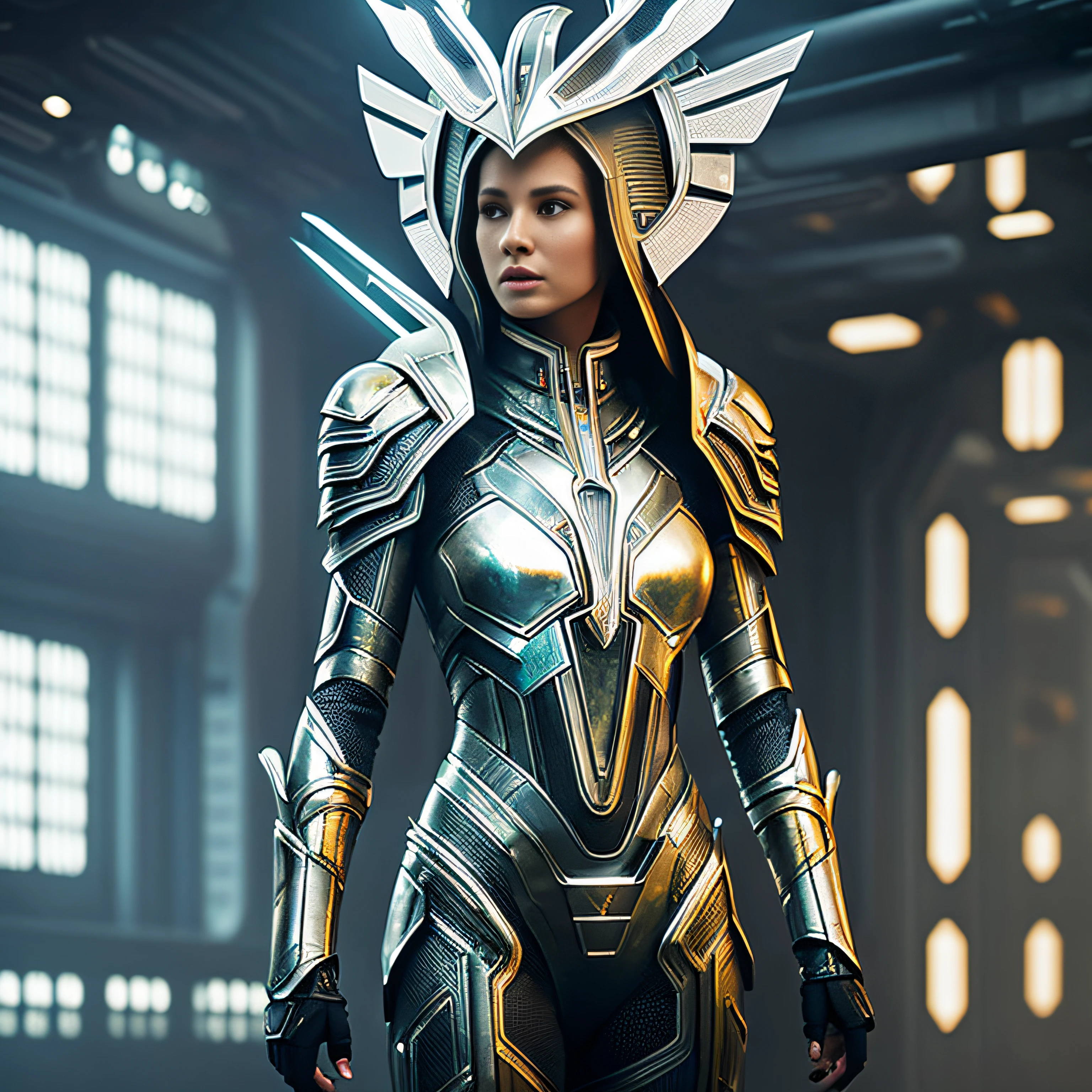 Alafed woman in futuristic suit、Stand in a room with many metal objects, Still from Prometheus, by Hoang Dinh, White Russian clothes, rendering of beauty pageant, Mesh headdress, Machine Elf, Luxury Advertising, shoulders can be seen, Cyber Patterns, Movie Stills - AR 16:9 --auto