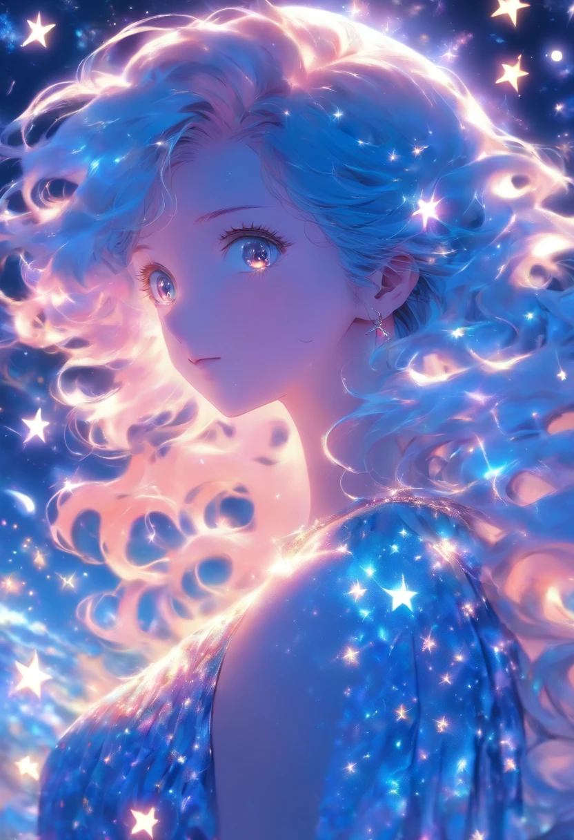 (best quality, masterpiece), 1girl, moon , glitter, dress, particle, stars, upper body, looking at viewer, blue long hair