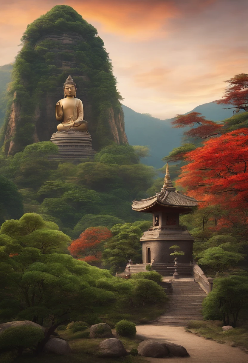 Giant stone Buddha,There are steps leading up to it, a Buddhist Buddha, zen temple background, buddhism, digital painting of a pagoda, Buddha, budista, a temple background, background artwork, inspired by Kaigetsudō Anchi, buddhist art, Bodhisattvas, beautiful render of tang dynasty, 4K highly detailed digital art, asian hyperdetailed