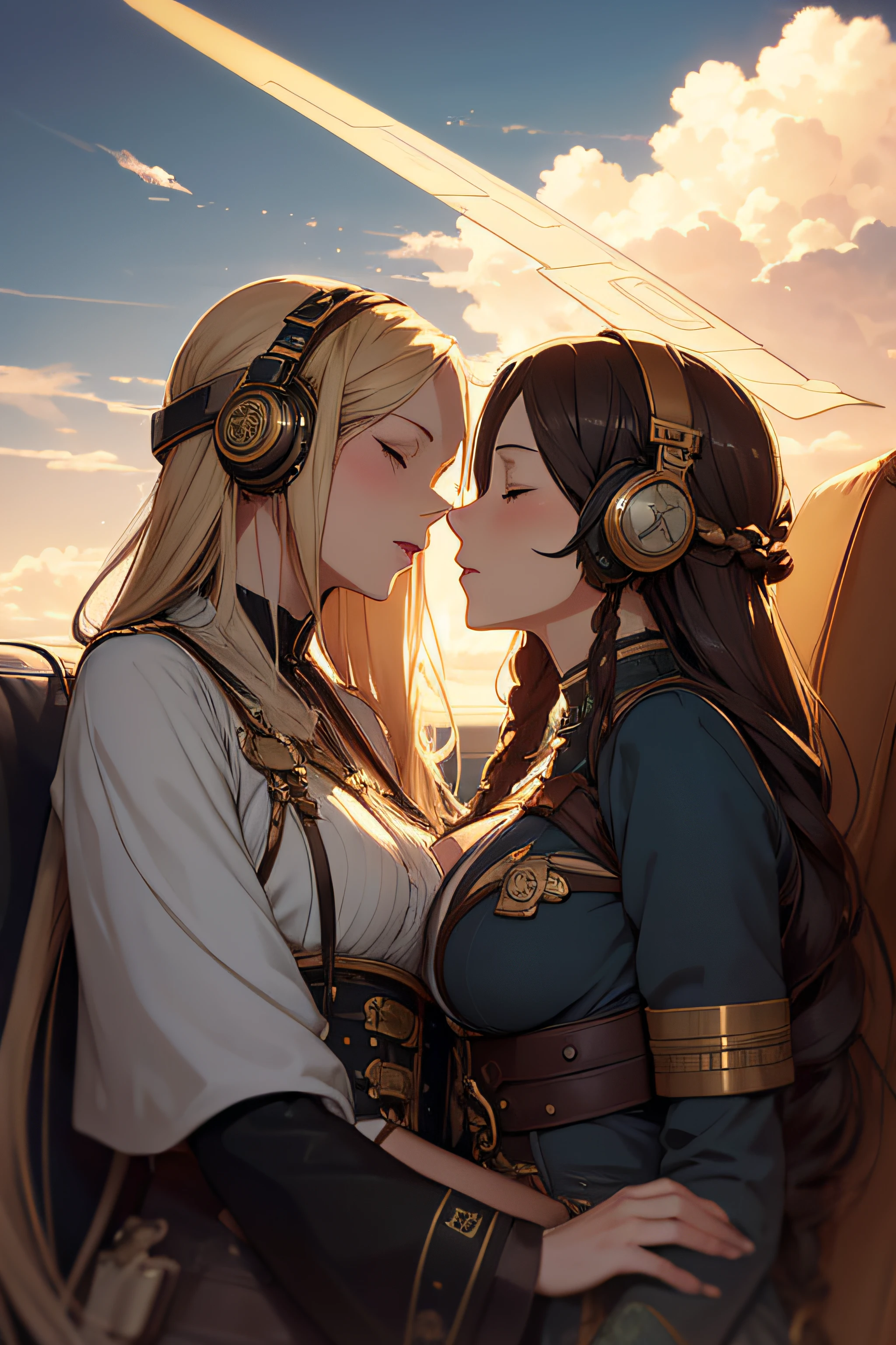 two mature women kissing, embracing, eyes closed, on old airplane, sunny, range murata, last exile, steampunk, clockpunk, decorative headphones, very long flowing hair, hair decorations, golden halo, art nouveau, panties, beautiful sky, exposed chests, large breasts