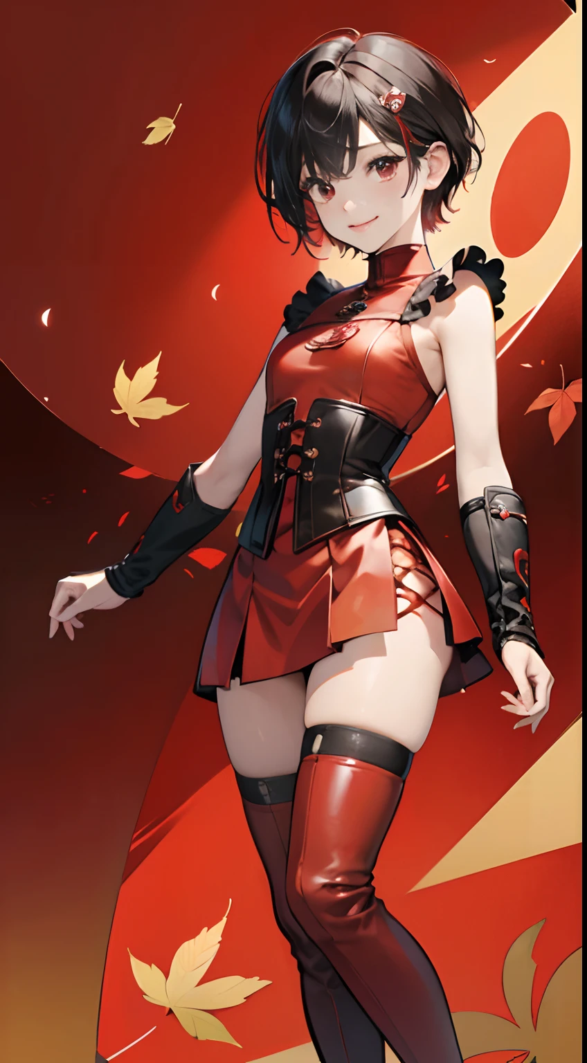 (Best Quality,4K,High resolution), ,Chibi、小柄、 Red mesh hair on black hair, Very short berry shorthair,Unkempt short hair、Hair ornament of autumn leaves、sharp eye、Cold eyes、Red Eyes、 Innocence,Smile cheerfully,small tits、slender physique、 Tight high neck red leather mini dress with intricate decoration,Red Leather Draped Mini Skirt,Leather corset、Red knee-high boots with decoration、Comical appearance,noisy,comic strip,animesque,Comical illustration,Deformed cute illustration,Delicately expresses realistic skin texture、Full body projection、Nioh stands with arms crossed