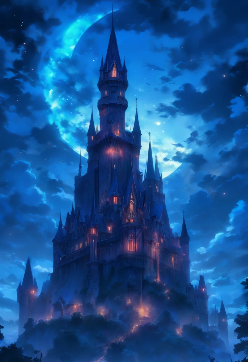 (blue-haired witch),moonlit gothic castle,illustration,detailed,dark atmosphere,stormy clouds,hauntingly beautiful, ethereal,enchanted,flying broom,crescent moon,spooky atmosphere,gloomy, mystical,vibrant colors,shadows and contrast,crimson and indigo hues, (best quality,4k,8k,highres,masterpiece:1.2),ultra-detailed,photorealistic,HDR,professional lighting,gothic architecture,mysterious,witchcraft,spellbinding