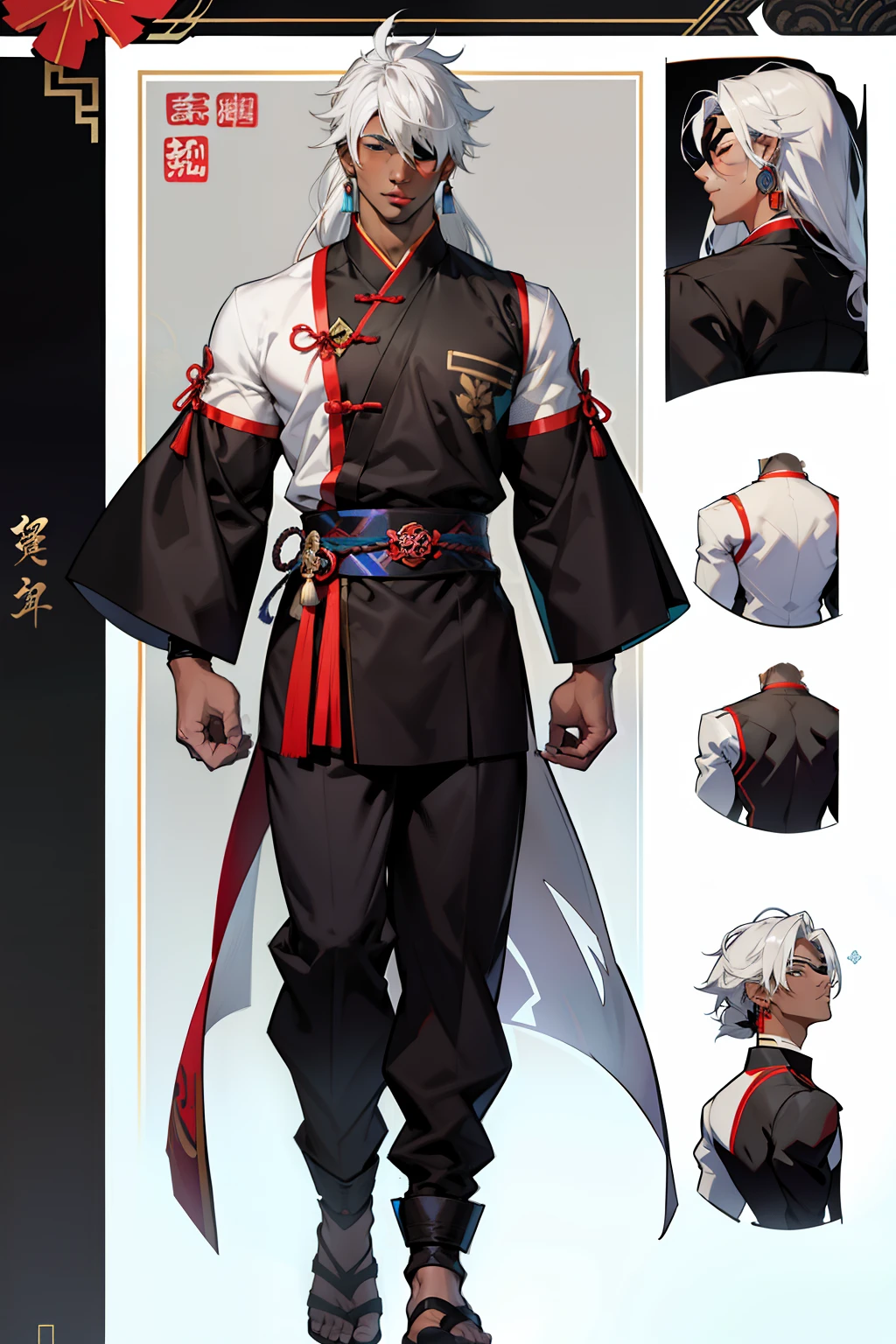 dark skin man, male, black eyes, white hair, long hair, anime style, 4k image, full body, holographic background, Character sheet, Handsome male. Perfect face, 6 ft 5 tall man. White hair. Long hair. Grey eyes. Eyepatch. Earrings. Toned body. Muscular male, character design sheet,full body esbian, Full of details, body front view, body back view, Full body, front and back view, muscle body, Traditional chinese clothes. Genshin Impact. Hydro vision. Bulge in pants. Liyue, ((Masterpiece, Highest quality)), Detailed face, character design sheet,full bodyesbian, Full of details, frontal body view, back body view, Highly detailed,