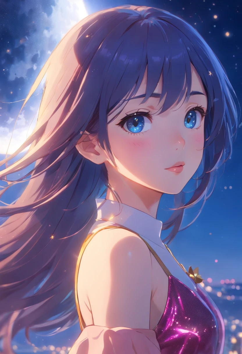 (best quality, masterpiece), 1girl, moon , glitter, dress, particle, stars, upper body, looking at viewer, blue long hair,8k, realistic, ultra quality, beatiful girl, Stern anime girl, (Highest Quality, Amazing Details:1.25), cinematic lighting, unique, high-quality, very long hair, hair intakes, makeup, lipstick, eyelashes, ultra detailed eyes, ultra detailed face, ultra detailed lips, ultra detailed lipstick, ultra detailed makeup, 18 years girl, masterpiece, 8k