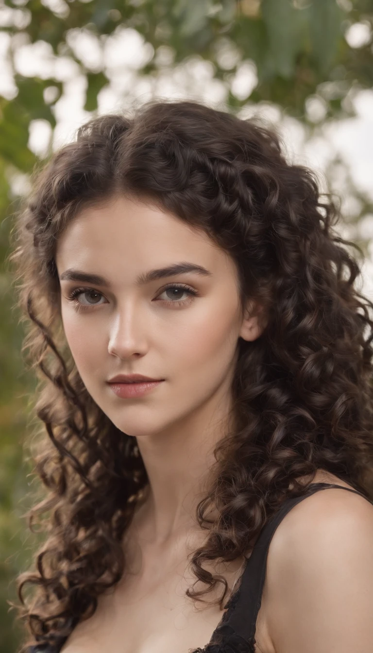 A beautiful and amazing 16 years old Brazilian girl, white skin, upper body portrait, free curls, curly black hair (shorter and darker curly hair), wild black long curly hair, multiversal hair, Brazilian, hair short black curly, curly black hair, curls, extended wavy hair, baroque curls, curls, curly, curly blonde hair, hair texture, curly bangs