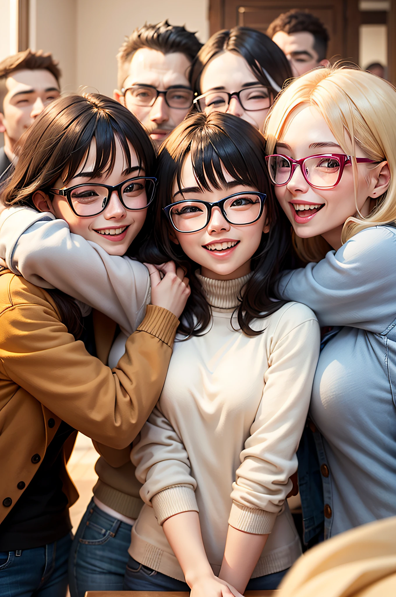 Create a scene where a group of friends are hugging each other warmly, Everyone wearing glasses and expressing happiness.