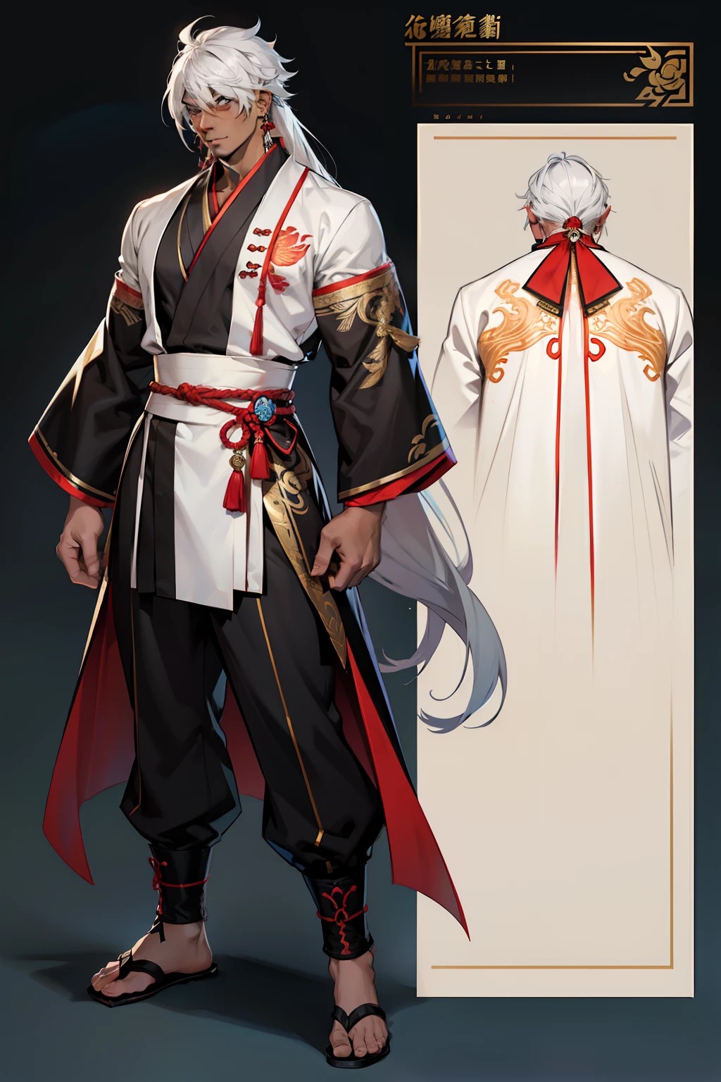 dark skin man, male, black eyes, white hair, long hair, anime style, 4k image, full body, holographic background, Character sheet, Handsome male. Perfect face, 6 ft 5 tall man. White hair. Long hair. Grey eyes. Eyepatch. Earrings. Toned body. Muscular male, character design sheet,full body esbian, Full of details, body front view, body back view, Full body, front and back view, muscle body, Traditional chinese clothes. Genshin Impact. Hydro vision. Bulge in pants. Liyue, ((Masterpiece, Highest quality)), Detailed face, character design sheet,full bodyesbian, Full of details, frontal body view, back body view, Highly detailed,