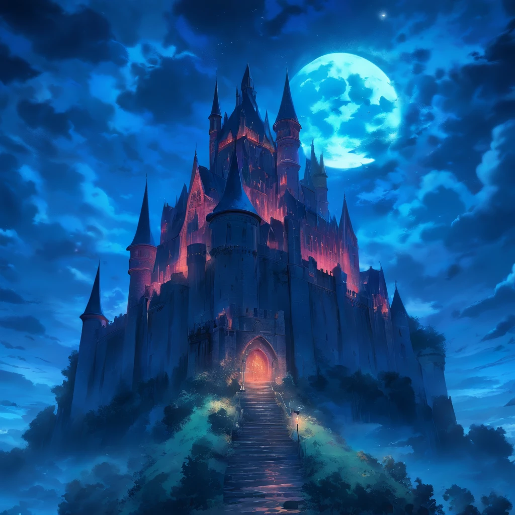 (blue-haired witch),moonlit gothic castle,illustration,detailed,dark atmosphere,stormy clouds,hauntingly beautiful, ethereal,enchanted,flying broom,crescent moon,spooky atmosphere,gloomy, mystical,vibrant colors,shadows and contrast,crimson and indigo hues, (best quality,4k,8k,highres,masterpiece:1.2),ultra-detailed,photorealistic,HDR,professional lighting,gothic architecture,mysterious,witchcraft,spellbinding