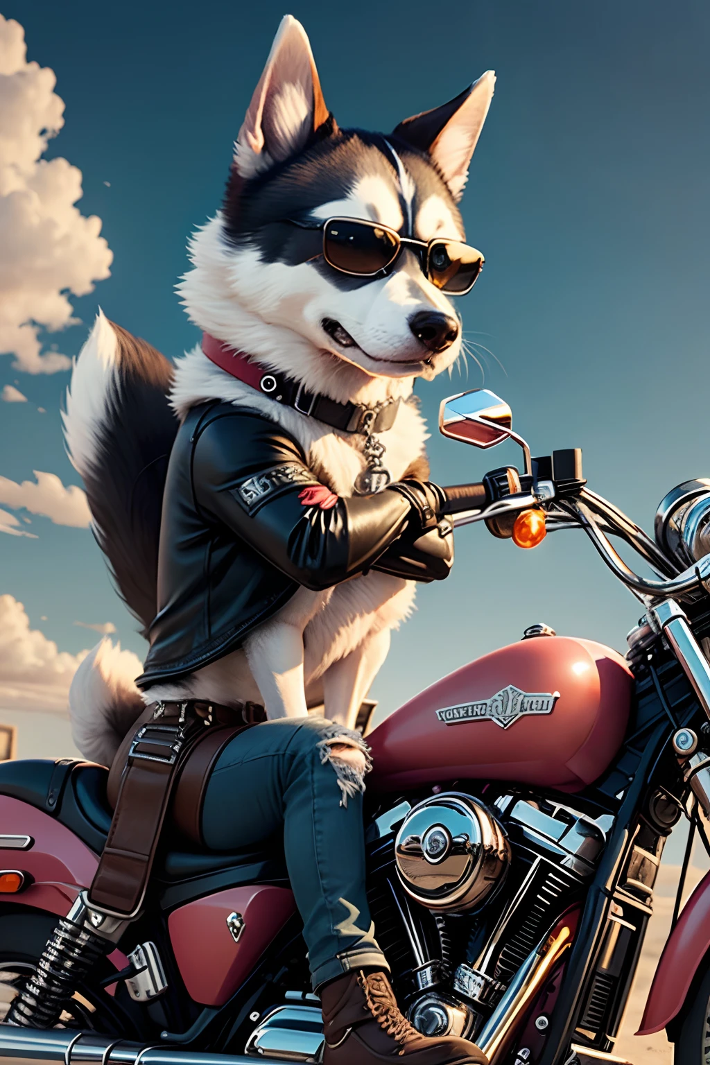c4tt4stic,Cartoon Husky dog riding a Harley-Davidson wearing leather jeans(The specifics of the appearance of Husky dogs Sunglasses)