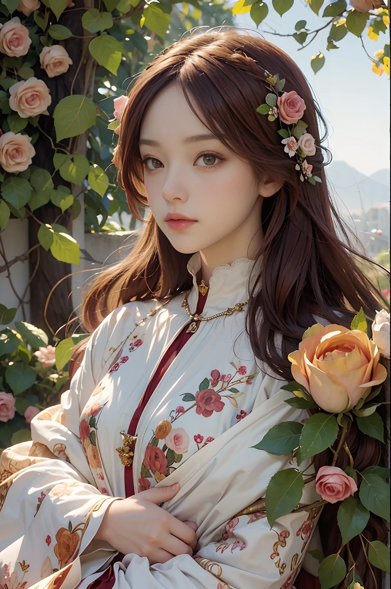 anime girl as a Botticelli model, burgundy and apricot roses, leaves, flowers, fruits, Alfons Mucha style of clothing