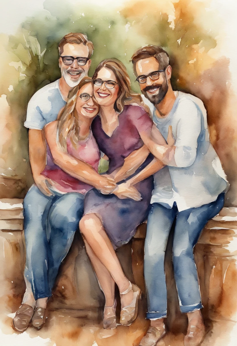 Create a scene where a group of friends are hugging each other warmly, Everyone wearing glasses and expressing happiness.