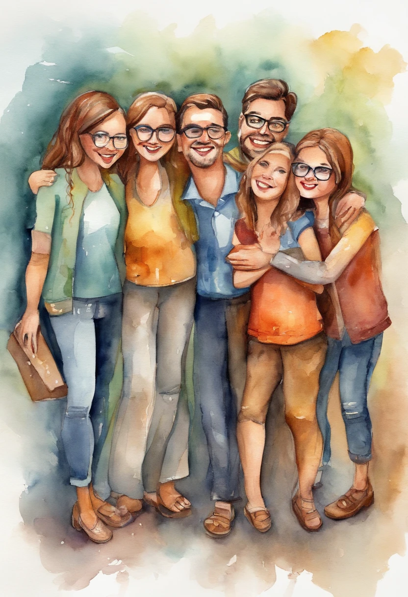 Create a scene where a group of friends are hugging each other warmly, Everyone wearing glasses and expressing happiness.