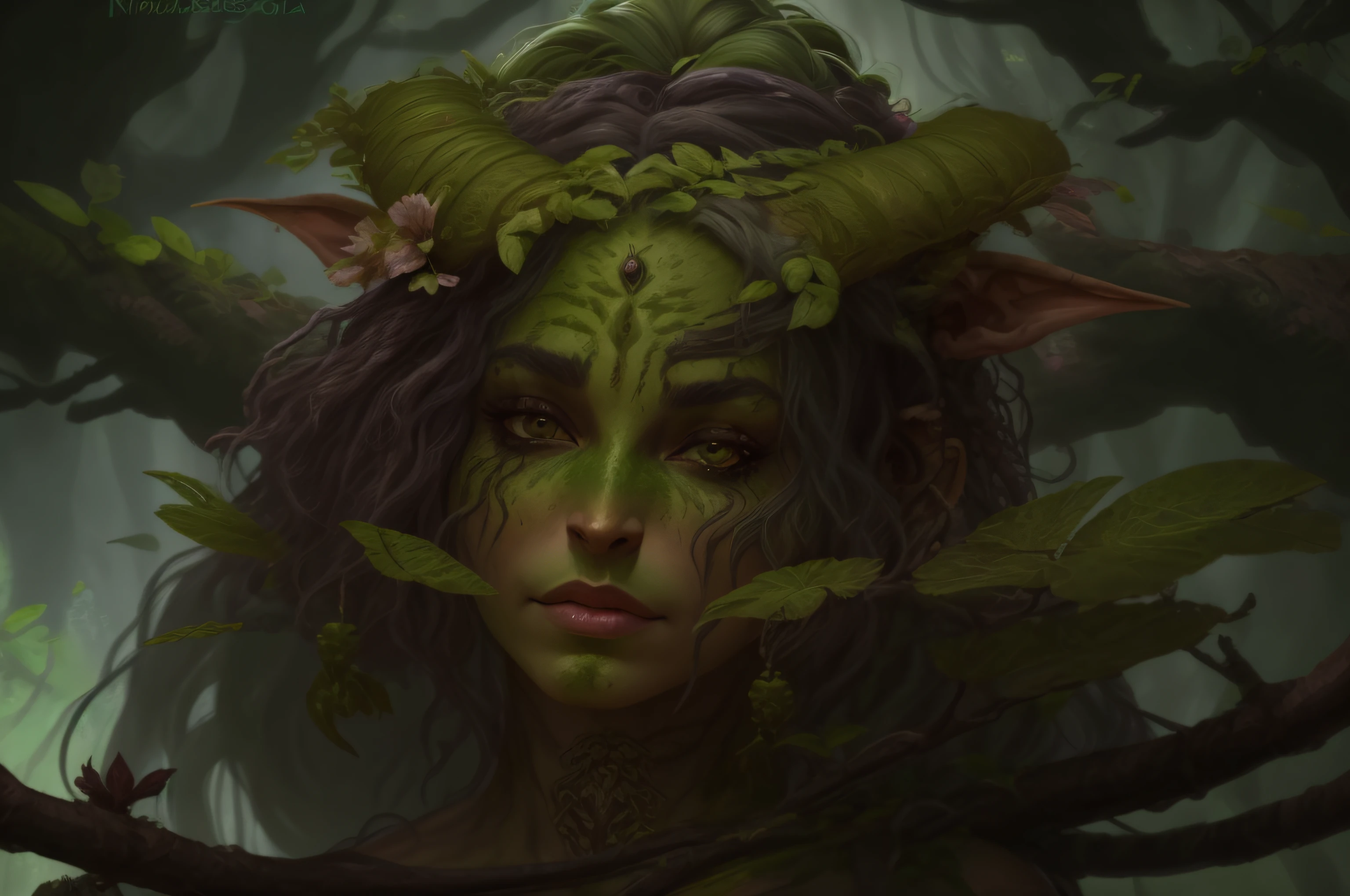 um close up de uma mulher com chifres e um rosto verde, Retrato de uma Dryad, female orc forest druid, portrait of a female druid, Dryad, sedutor druida tiefling, floresta seca, druida tiefling atraente, Retrato de uma rainha elfa, beautiful female druid, Artgerm Sylvari Retrato, uma rainha elfa, female druid