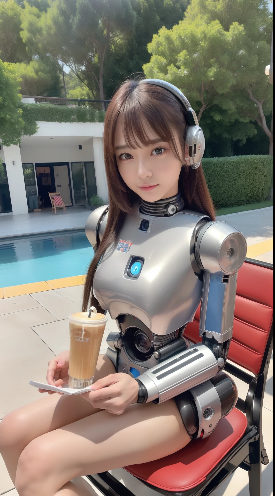(top-quality、超A high resolution、8K、masterpiece、realisitic、Photorealsitic)、(Humanoid Droid:1.4)、1 persons、Droid with beautiful female face、Sexy Droid、upper Shot、(Reading:1.3、Sitting on a chair)、looking in camera、(cafes:1.2)、Daytime、Natural lighting