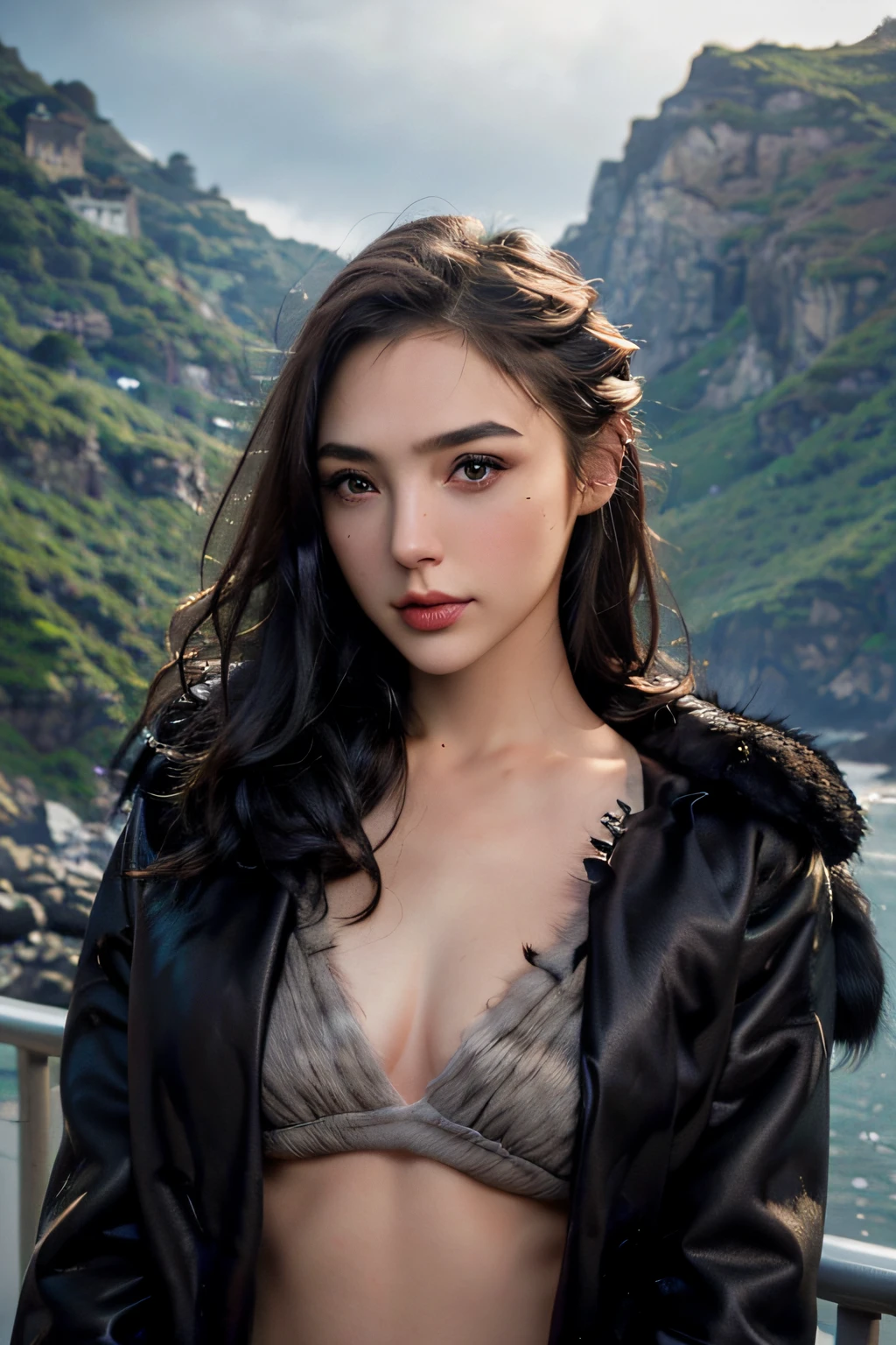 chrrblssm (Sharp Focus:1.2), Photo, attractive young woman, (Beautiful face:1.1), Detailed eyes, luscious lips, (smokey eye makeup:0.85), Wearing (Fur coat:1.2) Inserting a into the (cliffside:1.2). (Moody lighting:1.2), depth of fields, Bokeh, 4K, nffsw. in door (by James C. Christensen:1.2|Jeremy Lipking:1.1).