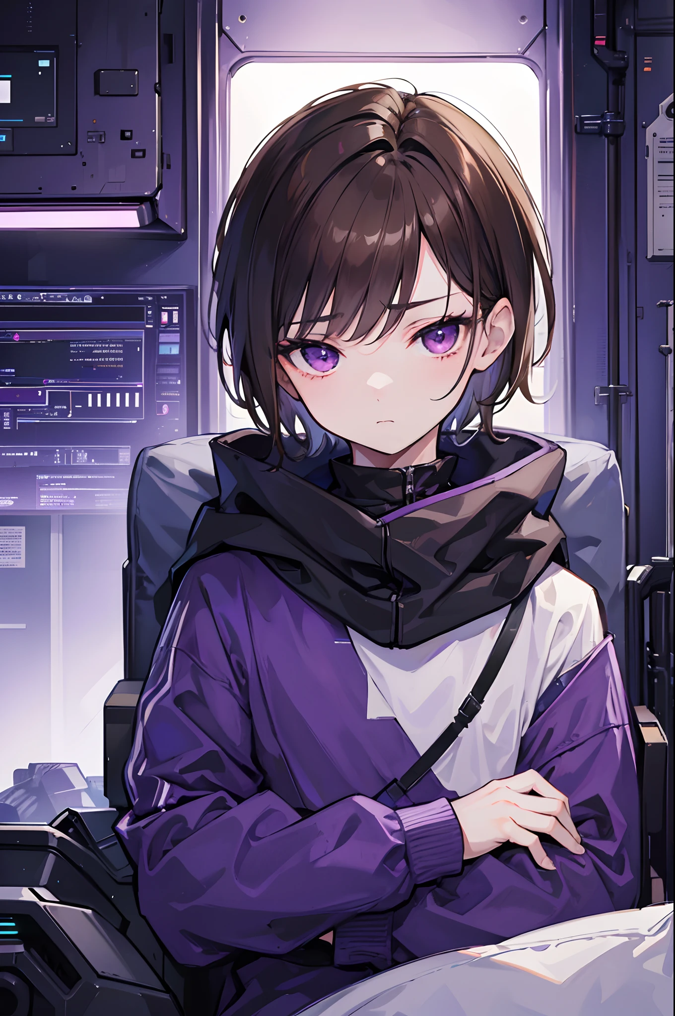 masterpiece, highlydetailed, ultra-detailed, solo, (1boy),  boy, short hair, brown hair, purple eye, flat expression, lackluster, lazy, sleepy, modern clothes, programmer, hacker, sci-fi, future vibes, Ride a big pillow