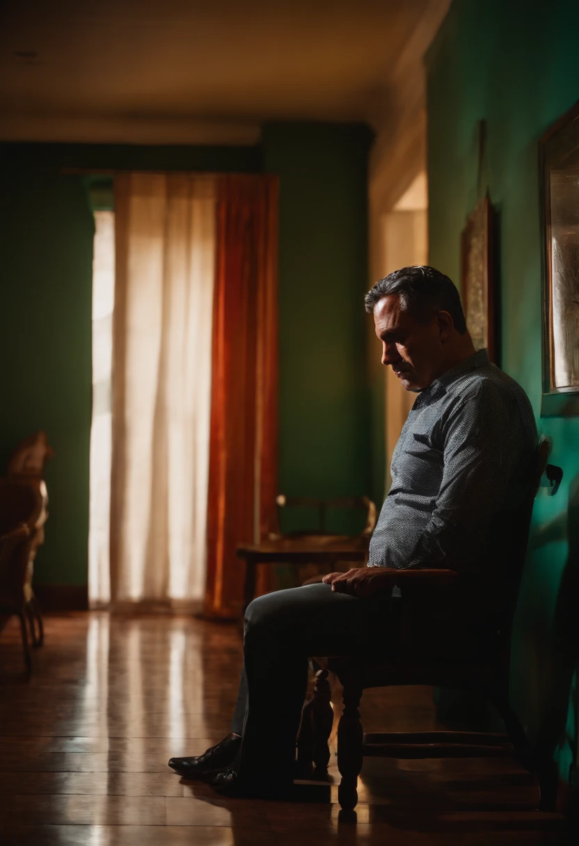 Um Homem, moreno, 45 anos, sentado na cadeira, with his head down, em uma sala
