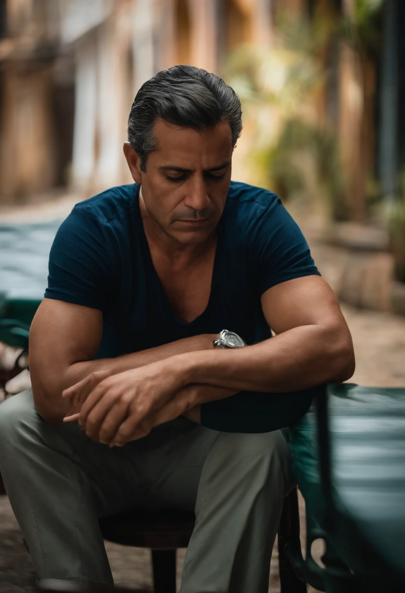 Um Homem, moreno, 45 anos, sentado na cadeira, with his head down, em uma sala