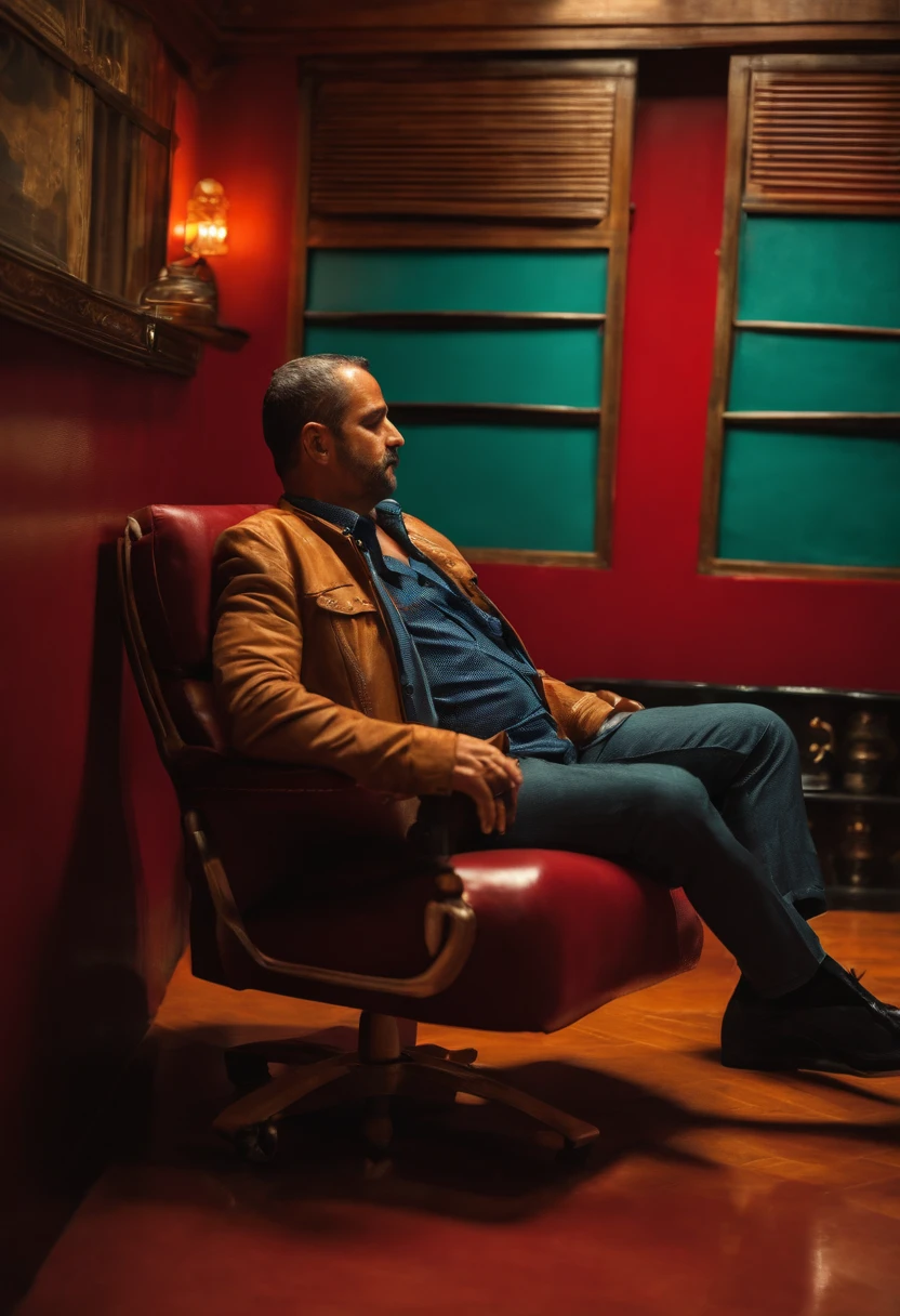 Um Homem, moreno, 45 anos, sentado na cadeira, with his head down, em uma sala