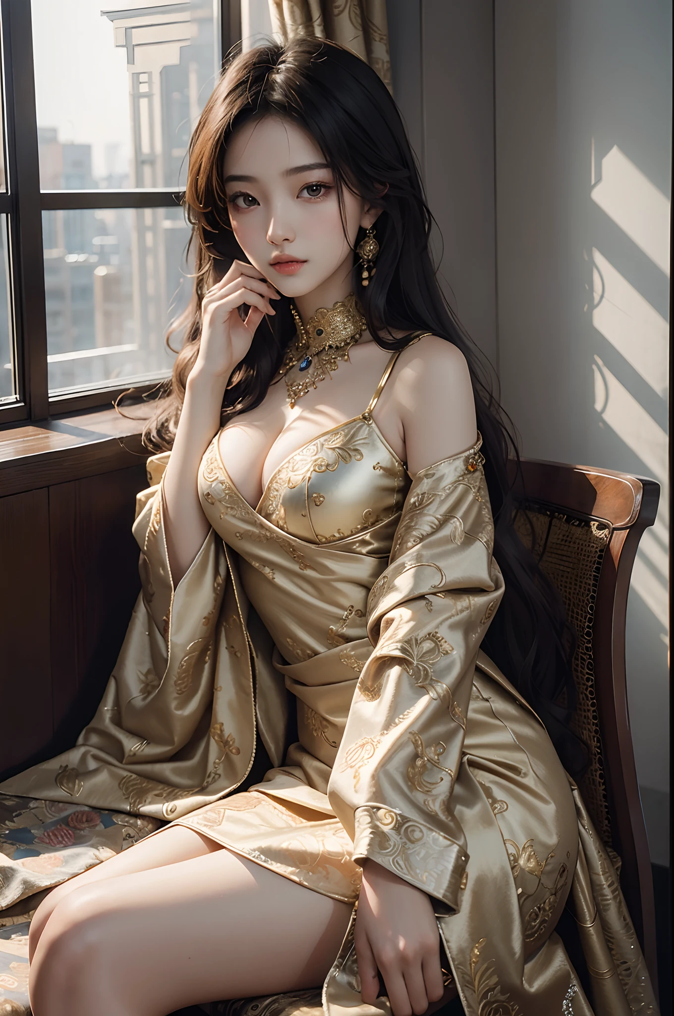 (masterpiece), (best quality), 8k resolution, 1girl, Asian girl, stunning beauty, perfect face, mature female, 20yo, sexy, sunny, window, sitting on the chair, Arabian clothes