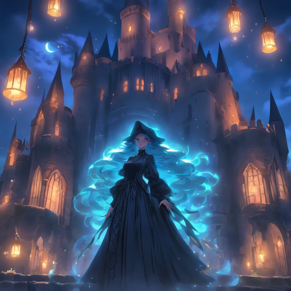 (best quality,4k,8k,highres,masterpiece:1.2),ultra-detailed,(realistic,photorealistic,photo-realistic:1.37),Female blue haired witch,moonlit castle,casting glowing blue spells,umbrella,gothic lolita dress,night scene,enchanted atmosphere,detailed stars in the sky,magic wand,ominous clouds,floating candles,mysterious magic books,potion bottles on the shelves,spiderwebs in the corners,spooky ambiance,mystical incantations,hints of ancient symbols,witch's familiar,dark shadows,dramatic moonlight,subtle fog,whispers of wind,glimmering moon reflections on the castle walls,soft glow from the glowing spells,elaborate lace details on the dress,ornate designs on the umbrella,luminescent eyes,crackling magical energy,ethereal beauty of the witch,magical crescent moon on the witch's forehead,majestic architecture of the castle,hauntingly beautiful surroundings,colorful and vibrant spell effects,contrast between the witch's bright blue hair and the dark background,picturesque moonlit landscape,vivid colors,enchanted forest in the distance,rich textures in the dress and castle walls,mesmerizing composition,spires reaching towards the sky,air of mystery,illuminated windows in the castle,moon halo,whimsical and captivating scene.