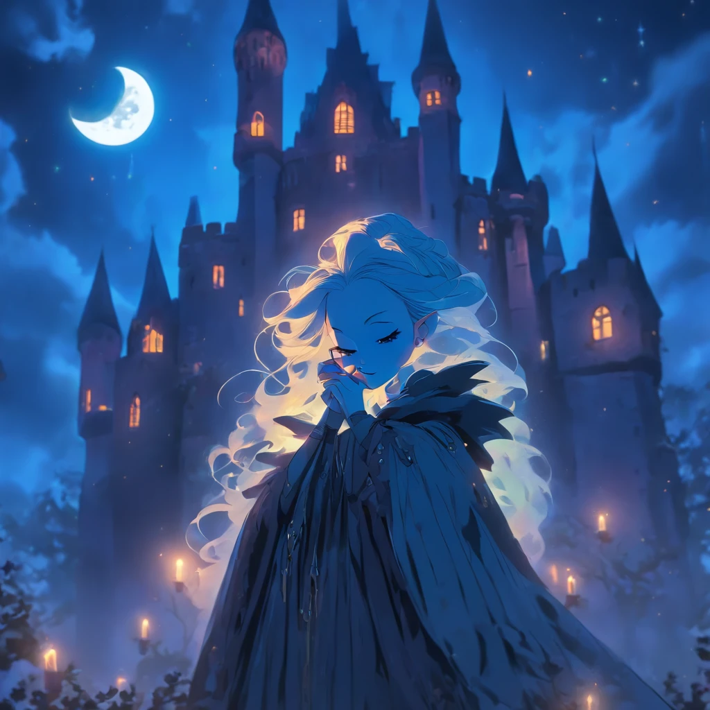 (best quality,4k,8k,highres,masterpiece:1.2),ultra-detailed,(realistic,photorealistic,photo-realistic:1.37),Female blue haired witch,moonlit castle,casting glowing blue spells,umbrella,gothic lolita dress,night scene,enchanted atmosphere,detailed stars in the sky,magic wand,ominous clouds,floating candles,mysterious magic books,potion bottles on the shelves,spiderwebs in the corners,spooky ambiance,mystical incantations,hints of ancient symbols,witch's familiar,dark shadows,dramatic moonlight,subtle fog,whispers of wind,glimmering moon reflections on the castle walls,soft glow from the glowing spells,elaborate lace details on the dress,ornate designs on the umbrella,luminescent eyes,crackling magical energy,ethereal beauty of the witch,magical crescent moon on the witch's forehead,majestic architecture of the castle,hauntingly beautiful surroundings,colorful and vibrant spell effects,contrast between the witch's bright blue hair and the dark background,picturesque moonlit landscape,vivid colors,enchanted forest in the distance,rich textures in the dress and castle walls,mesmerizing composition,spires reaching towards the sky,air of mystery,illuminated windows in the castle,moon halo,whimsical and captivating scene.