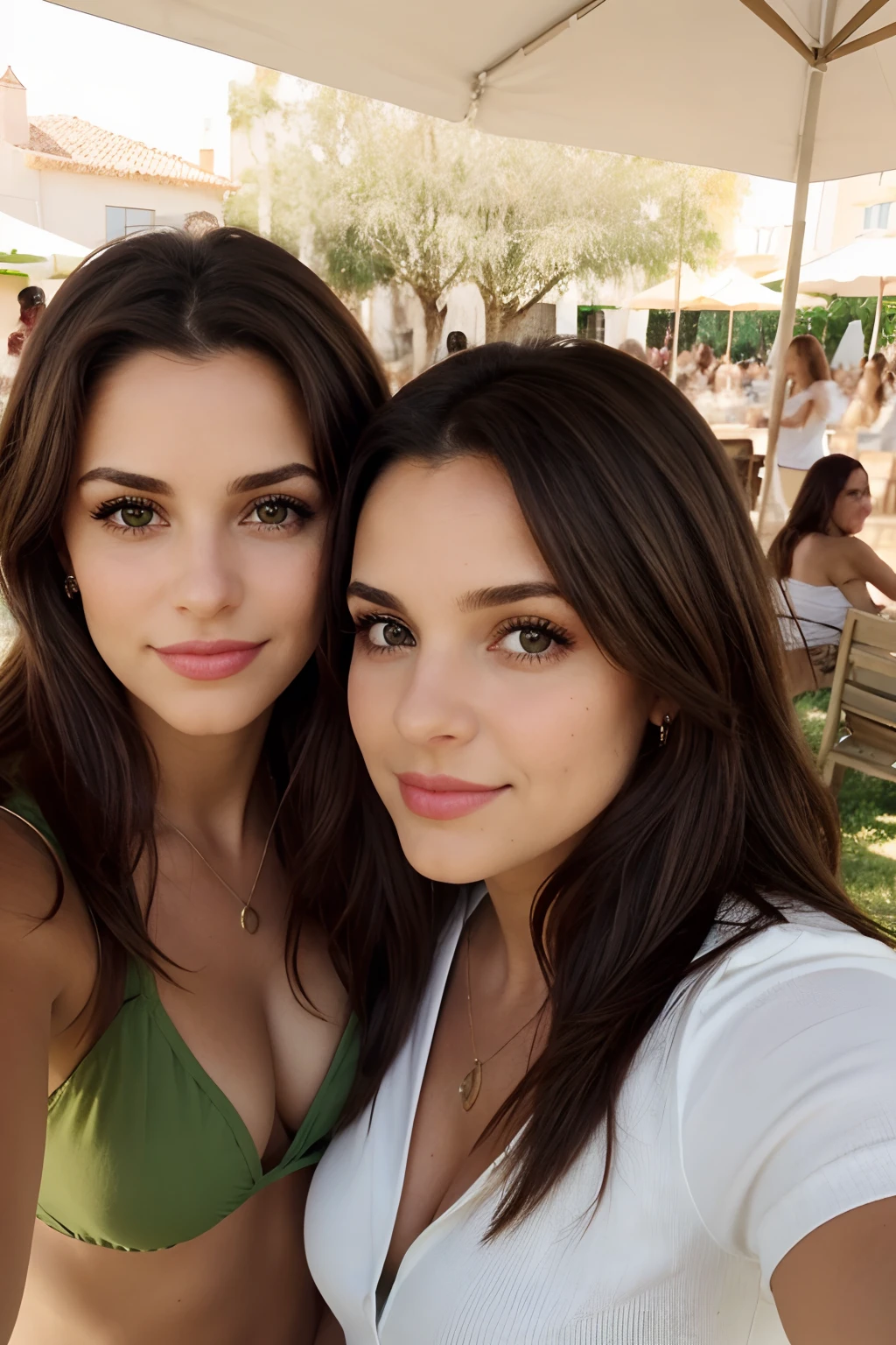 1mujer, (realista:0.75), brown hair, Cabello largo, ojos negros, feliz, almorzando,amigas rubias,ojos verdes,europeas, selfie, comida
