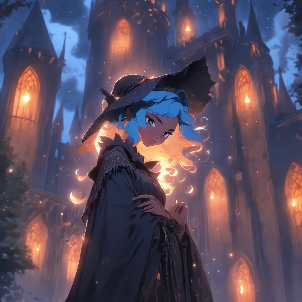 (best quality,4k,8k,highres,masterpiece:1.2),ultra-detailed,(realistic,photorealistic,photo-realistic:1.37),Female blue haired witch,moonlit castle,casting glowing blue spells,umbrella,gothic lolita dress,night scene,enchanted atmosphere,detailed stars in the sky,magic wand,ominous clouds,floating candles,mysterious magic books,potion bottles on the shelves,spiderwebs in the corners,spooky ambiance,mystical incantations,hints of ancient symbols,witch's familiar,dark shadows,dramatic moonlight,subtle fog,whispers of wind,glimmering moon reflections on the castle walls,soft glow from the glowing spells,elaborate lace details on the dress,ornate designs on the umbrella,luminescent eyes,crackling magical energy,ethereal beauty of the witch,magical crescent moon on the witch's forehead,majestic architecture of the castle,hauntingly beautiful surroundings,colorful and vibrant spell effects,contrast between the witch's bright blue hair and the dark background,picturesque moonlit landscape,vivid colors,enchanted forest in the distance,rich textures in the dress and castle walls,mesmerizing composition,spires reaching towards the sky,air of mystery,illuminated windows in the castle,moon halo,whimsical and captivating scene.