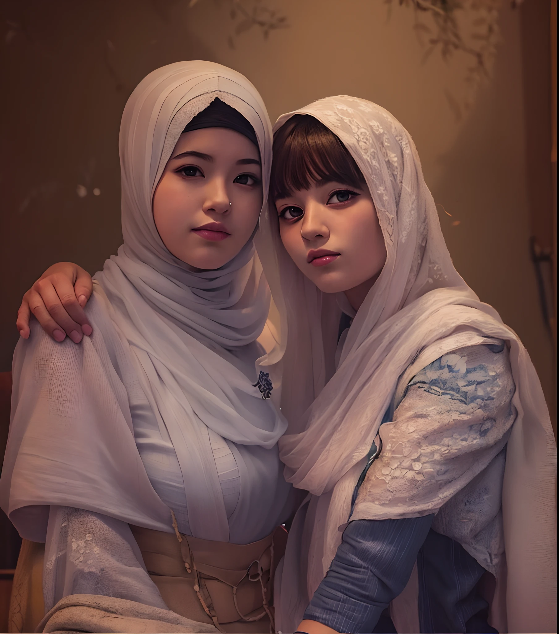 2woman, 38-Years-Old,Female Teacher, Hijab Beautiful Indonesian Woman, wet Tank Top, wearing bra, White Porcelain Skin, Realistic Ultra-Droopiest Gigantic Breast : 2, Lesbian Scene, deeply in Lustful, sharing passionate hug and groping breast"