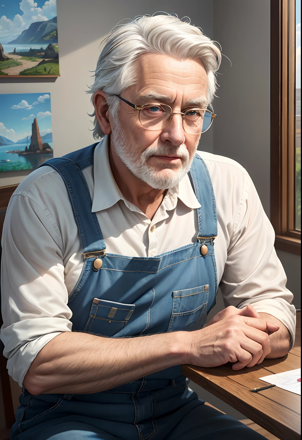 best quality, realistic, photorealistic, award-winning illustration, (intricate details: 1.2), (delicate detail), (intricate details), an older man with white hair sitting down looking at camera, a photorealistic painting by Mac Conner, pexels, realism, character, the man is wearing a blue shirt and overalls, The background is a painting of a wooden wall with a window, creating a contrast between the realistic and the artistic elements of the image.