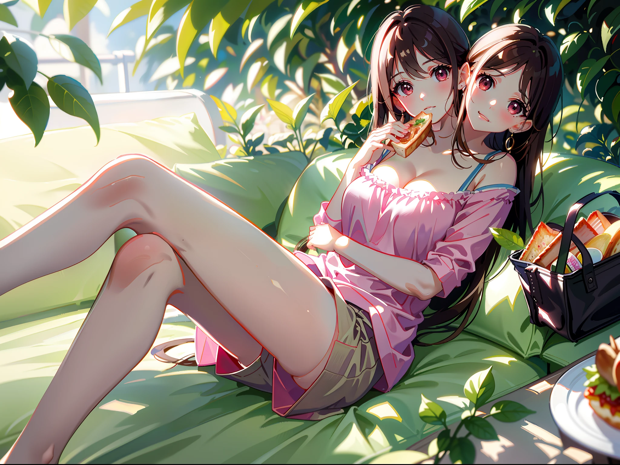 (masterpiece, best quality), best resolution, (2heads:1.5), 1girl, dark brown hair, light brown eyes, bite of sandwich in mouth, relaxed, pink shirt, dark gray pants, sitting on a picnic cloth, bitten sandwich in hand, hilltop, picnic