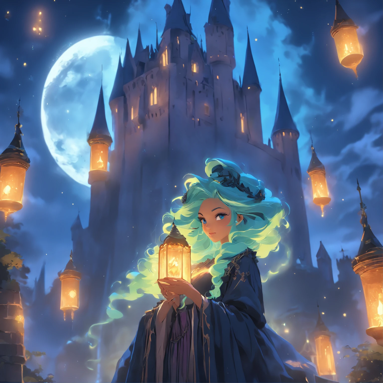 (best quality,4k,8k,highres,masterpiece:1.2),ultra-detailed,(realistic,photorealistic,photo-realistic:1.37),Female blue haired witch,moonlit castle,casting glowing blue spells,umbrella,gothic ta dress,night scene,enchanted atmosphere,detailed stars in the sky,magic wand,ominous clouds,floating candles,mysterious magic books,potion bottles on the shelves,spiderwebs in the corners,spooky ambiance,mystical incantations,hints of ancient symbols,witch's familiar,dark shadows,dramatic moonlight,subtle fog,whispers of wind,glimmering moon reflections on the castle walls,soft glow from the glowing spells,elaborate lace details on the dress,ornate designs on the umbrella,luminescent eyes,crackling magical energy,ethereal beauty of the witch,magical crescent moon on the witch's forehead,majestic architecture of the castle,hauntingly beautiful surroundings,colorful and vibrant spell effects,contrast between the witch's bright blue hair and the dark background,picturesque moonlit landscape,vivid colors,enchanted forest in the distance,rich textures in the dress and castle walls,mesmerizing composition,spires reaching towards the sky,air of mystery,illuminated windows in the castle,moon halo,whimsical and captivating scene.