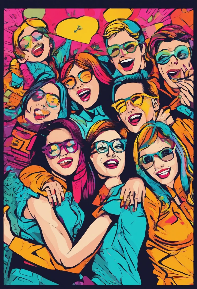Create a scene where a group of friends are hugging each other warmly, Everyone wearing glasses and expressing happiness.