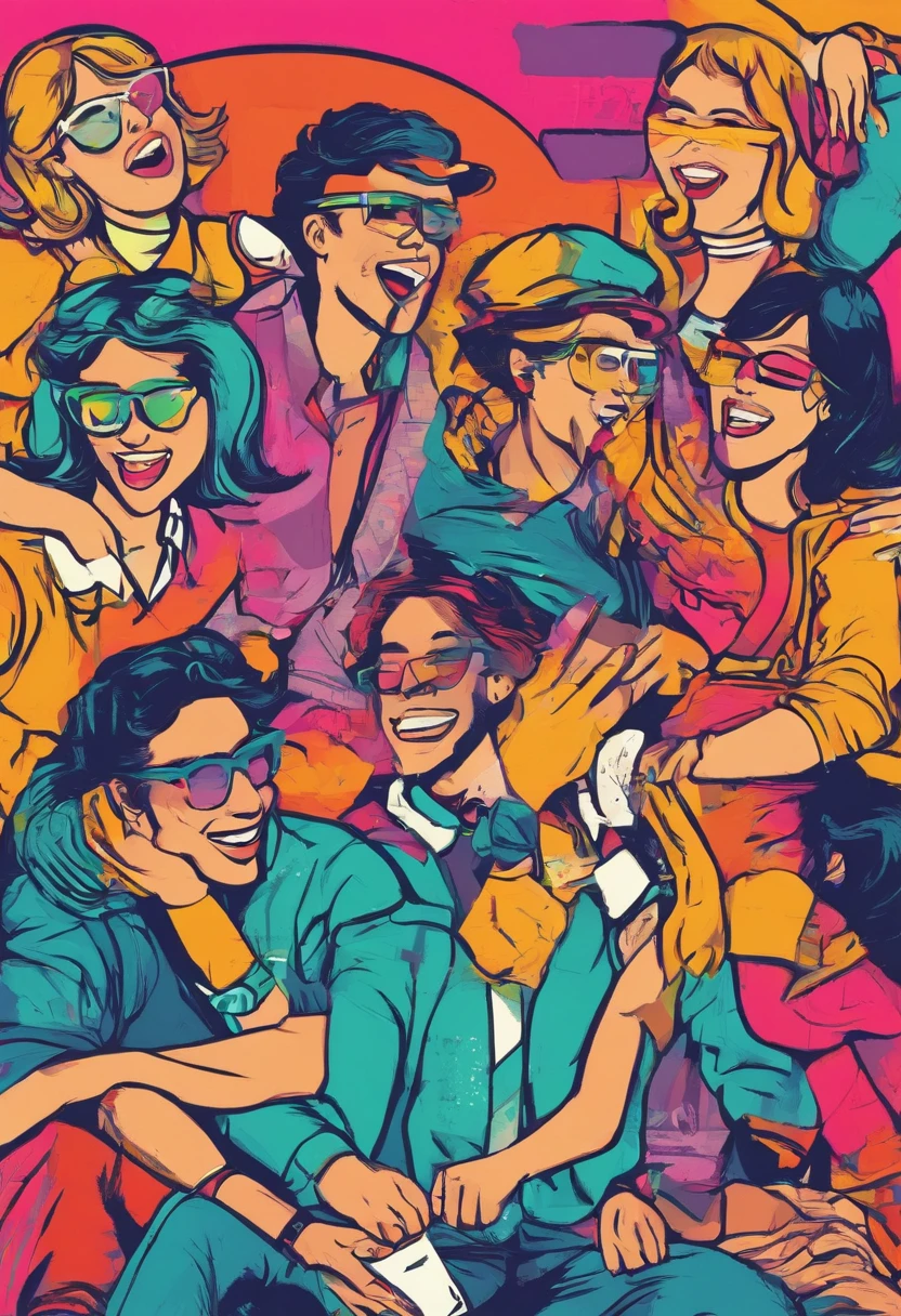 Create a scene where a group of friends are hugging each other warmly, Everyone wearing glasses and expressing happiness.