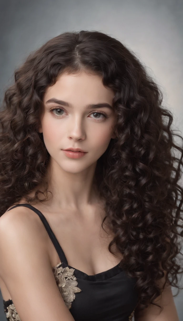 A beautiful 13 year old Brazilian girl, alone, white skin, full length portrait, loose curls, curly black hair (shorter and darker curly hair), wild black long curly hair, multiversal hair, Brazilian, short curly black hair , curly black hair, curls, extended wavy hair, baroque curls, curls, curly blonde hair, hair texture, curly bangs, in very sexy underwear, full length
