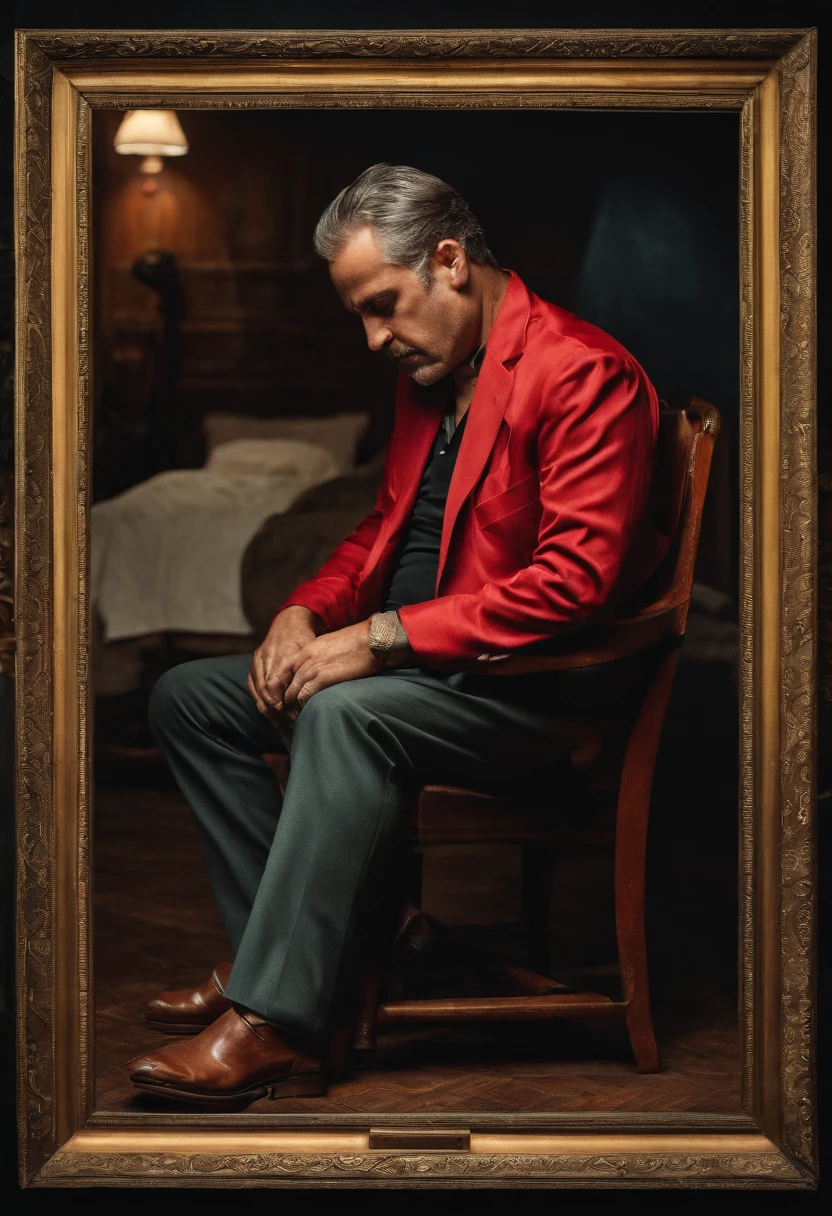 Um Homem, moreno, 45 anos, em uma sala, sentado na cadeira, with his head down.
