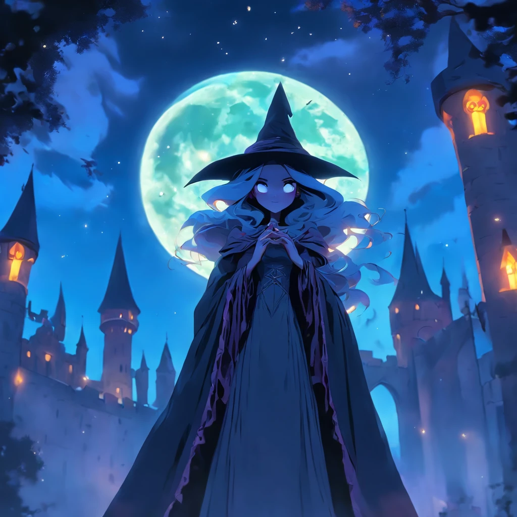 (best quality,4k,8k,highres,masterpiece:1.2),ultra-detailed,(realistic,photorealistic,photo-realistic:1.37),Female blue haired witch,moonlit castle,casting glowing blue spells,umbrella,gothic lolita dress,night scene,enchanted atmosphere,detailed stars in the sky,magic wand,ominous clouds,floating candles,mysterious magic books,potion bottles on the shelves,spiderwebs in the corners,spooky ambiance,mystical incantations,hints of ancient symbols,witch's familiar,dark shadows,dramatic moonlight,subtle fog,whispers of wind,glimmering moon reflections on the castle walls,soft glow from the glowing spells,elaborate lace details on the dress,ornate designs on the umbrella,luminescent eyes,crackling magical energy,ethereal beauty of the witch,magical crescent moon on the witch's forehead,majestic architecture of the castle,hauntingly beautiful surroundings,colorful and vibrant spell effects,contrast between the witch's bright blue hair and the dark background,picturesque moonlit landscape,vivid colors,enchanted forest in the distance,rich textures in the dress and castle walls,mesmerizing composition,spires reaching towards the sky,air of mystery,illuminated windows in the castle,moon halo,whimsical and captivating scene.