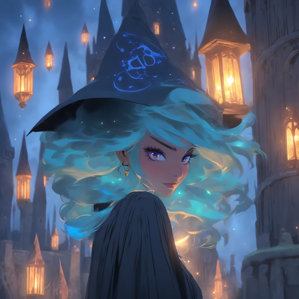(best quality,4k,8k,highres,masterpiece:1.2),ultra-detailed,(realistic,photorealistic,photo-realistic:1.37),Female blue haired witch,moonlit castle,casting glowing blue spells,umbrella,gothic lolita dress,night scene,enchanted atmosphere,detailed stars in the sky,magic wand,ominous clouds,floating candles,mysterious magic books,potion bottles on the shelves,spiderwebs in the corners,spooky ambiance,mystical incantations,hints of ancient symbols,witch's familiar,dark shadows,dramatic moonlight,subtle fog,whispers of wind,glimmering moon reflections on the castle walls,soft glow from the glowing spells,elaborate lace details on the dress,ornate designs on the umbrella,luminescent eyes,crackling magical energy,ethereal beauty of the witch,magical crescent moon on the witch's forehead,majestic architecture of the castle,hauntingly beautiful surroundings,colorful and vibrant spell effects,contrast between the witch's bright blue hair and the dark background,picturesque moonlit landscape,vivid colors,enchanted forest in the distance,rich textures in the dress and castle walls,mesmerizing composition,spires reaching towards the sky,air of mystery,illuminated windows in the castle,moon halo,whimsical and captivating scene.