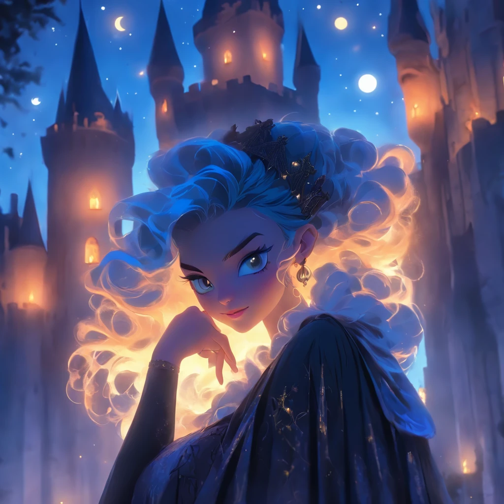 (best quality,4k,8k,highres,masterpiece:1.2),ultra-detailed,(realistic,photorealistic,photo-realistic:1.37),Female blue haired witch,moonlit castle,casting glowing blue spells,umbrella,gothic ta dress,night scene,enchanted atmosphere,detailed stars in the sky,magic wand,ominous clouds,floating candles,mysterious magic books,potion bottles on the shelves,spiderwebs in the corners,spooky ambiance,mystical incantations,hints of ancient symbols,witch's familiar,dark shadows,dramatic moonlight,subtle fog,whispers of wind,glimmering moon reflections on the castle walls,soft glow from the glowing spells,elaborate lace details on the dress,ornate designs on the umbrella,luminescent eyes,crackling magical energy,ethereal beauty of the witch,magical crescent moon on the witch's forehead,majestic architecture of the castle,hauntingly beautiful surroundings,colorful and vibrant spell effects,contrast between the witch's bright blue hair and the dark background,picturesque moonlit landscape,vivid colors,enchanted forest in the distance,rich textures in the dress and castle walls,mesmerizing composition,spires reaching towards the sky,air of mystery,illuminated windows in the castle,moon halo,whimsical and captivating scene.