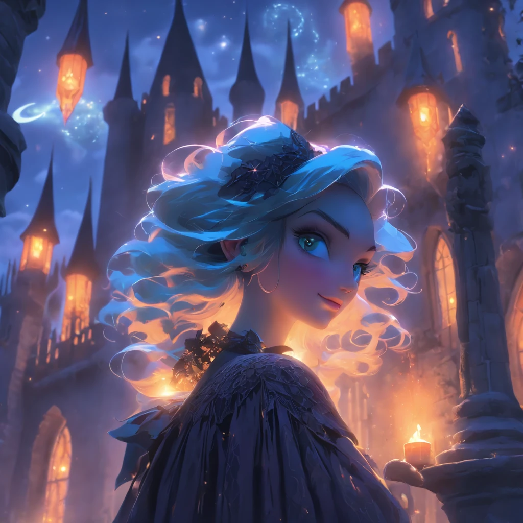 (best quality,4k,8k,highres,masterpiece:1.2),ultra-detailed,(realistic,photorealistic,photo-realistic:1.37),Female blue haired witch,moonlit castle,casting glowing blue spells,umbrella,gothic lolita dress,night scene,enchanted atmosphere,detailed stars in the sky,magic wand,ominous clouds,floating candles,mysterious magic books,potion bottles on the shelves,spiderwebs in the corners,spooky ambiance,mystical incantations,hints of ancient symbols,witch's familiar,dark shadows,dramatic moonlight,subtle fog,whispers of wind,glimmering moon reflections on the castle walls,soft glow from the glowing spells,elaborate lace details on the dress,ornate designs on the umbrella,luminescent eyes,crackling magical energy,ethereal beauty of the witch,magical crescent moon on the witch's forehead,majestic architecture of the castle,hauntingly beautiful surroundings,colorful and vibrant spell effects,contrast between the witch's bright blue hair and the dark background,picturesque moonlit landscape,vivid colors,enchanted forest in the distance,rich textures in the dress and castle walls,mesmerizing composition,spires reaching towards the sky,air of mystery,illuminated windows in the castle,moon halo,whimsical and captivating scene.