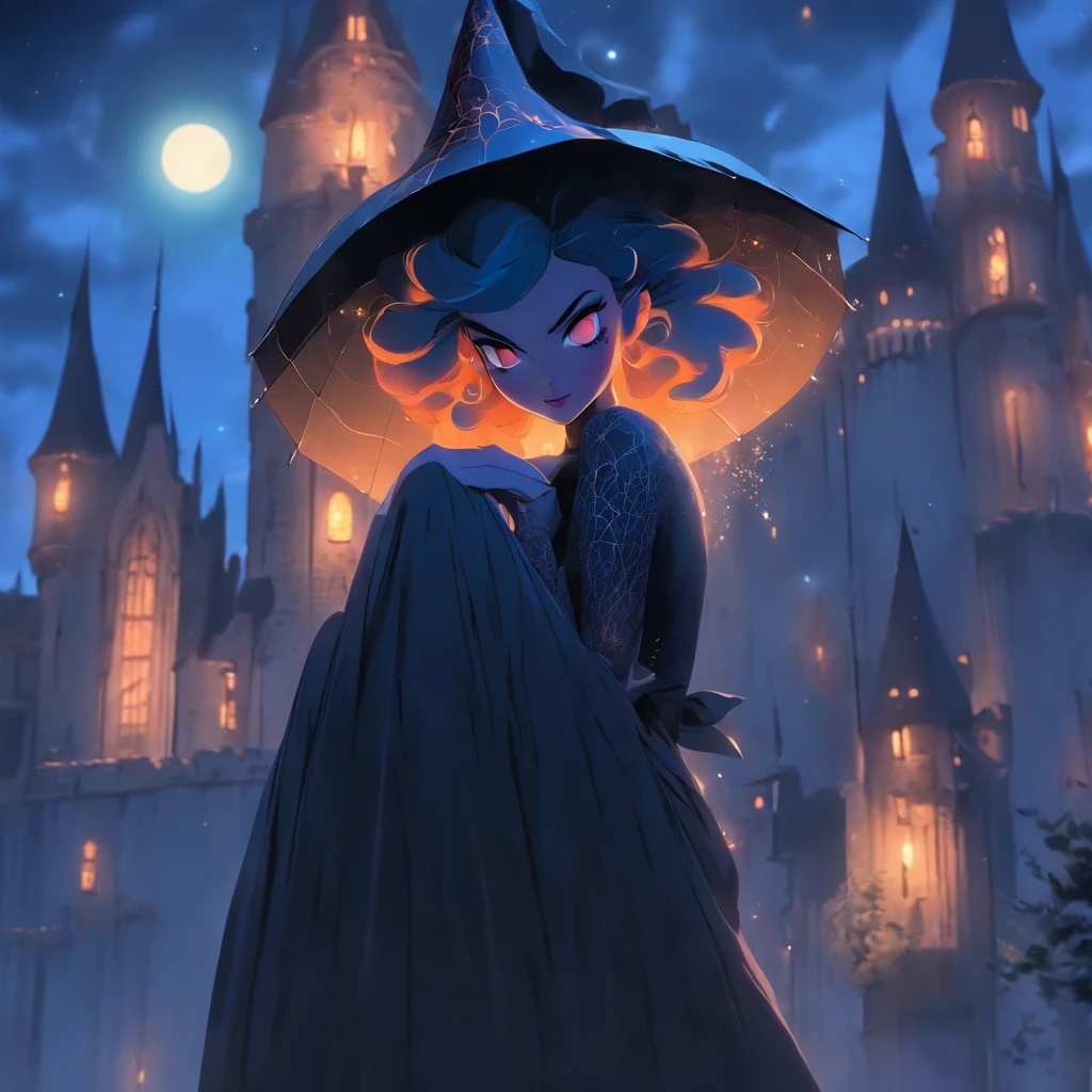 (best quality,4k,8k,highres,masterpiece:1.2),ultra-detailed,(realistic,photorealistic,photo-realistic:1.37),Female blue haired witch,moonlit castle,casting glowing blue spells,umbrella,gothic ta dress,night scene,enchanted atmosphere,detailed stars in the sky,magic wand,ominous clouds,floating candles,mysterious magic books,potion bottles on the shelves,spiderwebs in the corners,spooky ambiance,mystical incantations,hints of ancient symbols,witch's familiar,dark shadows,dramatic moonlight,subtle fog,whispers of wind,glimmering moon reflections on the castle walls,soft glow from the glowing spells,elaborate lace details on the dress,ornate designs on the umbrella,luminescent eyes,crackling magical energy,ethereal beauty of the witch,magical crescent moon on the witch's forehead,majestic architecture of the castle,hauntingly beautiful surroundings,colorful and vibrant spell effects,contrast between the witch's bright blue hair and the dark background,picturesque moonlit landscape,vivid colors,enchanted forest in the distance,rich textures in the dress and castle walls,mesmerizing composition,spires reaching towards the sky,air of mystery,illuminated windows in the castle,moon halo,whimsical and captivating scene.