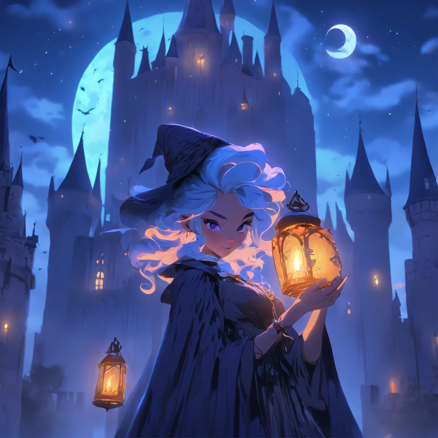(best quality,4k,8k,highres,masterpiece:1.2),ultra-detailed,(realistic,photorealistic,photo-realistic:1.37),Female blue haired witch,moonlit castle,casting glowing blue spells,umbrella,gothic lolita dress,night scene,enchanted atmosphere,detailed stars in the sky,magic wand,ominous clouds,floating candles,mysterious magic books,potion bottles on the shelves,spiderwebs in the corners,spooky ambiance,mystical incantations,hints of ancient symbols,witch's familiar,dark shadows,dramatic moonlight,subtle fog,whispers of wind,glimmering moon reflections on the castle walls,soft glow from the glowing spells,elaborate lace details on the dress,ornate designs on the umbrella,luminescent eyes,crackling magical energy,ethereal beauty of the witch,magical crescent moon on the witch's forehead,majestic architecture of the castle,hauntingly beautiful surroundings,colorful and vibrant spell effects,contrast between the witch's bright blue hair and the dark background,picturesque moonlit landscape,vivid colors,enchanted forest in the distance,rich textures in the dress and castle walls,mesmerizing composition,spires reaching towards the sky,air of mystery,illuminated windows in the castle,moon halo,whimsical and captivating scene.