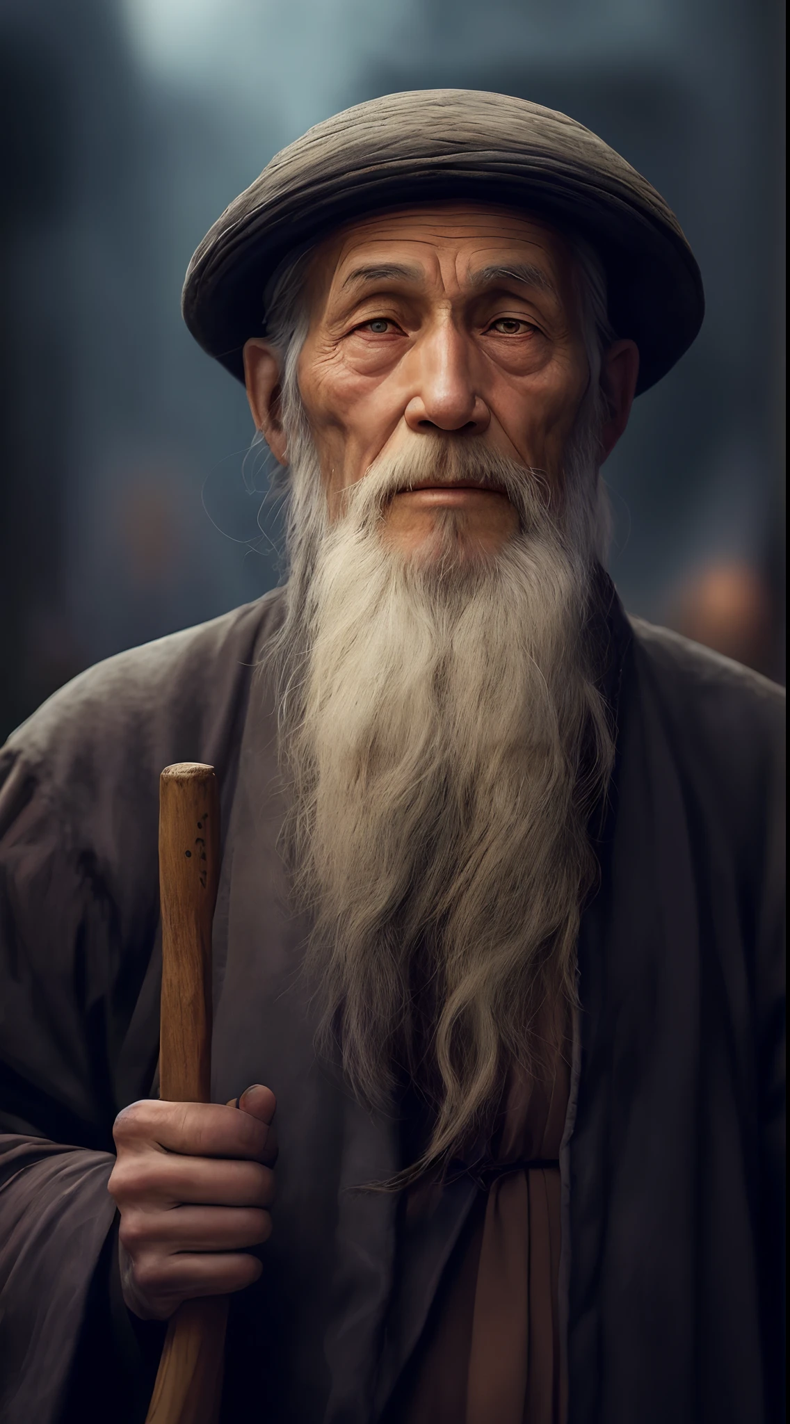 good looking man with a long beard and a hat holding a wand, an old man, sharp looking portrait, peaceful expression, wise old man, stunning portrait, beautiful portrait, serene expression, portrait of monk, perfectly centered portrait