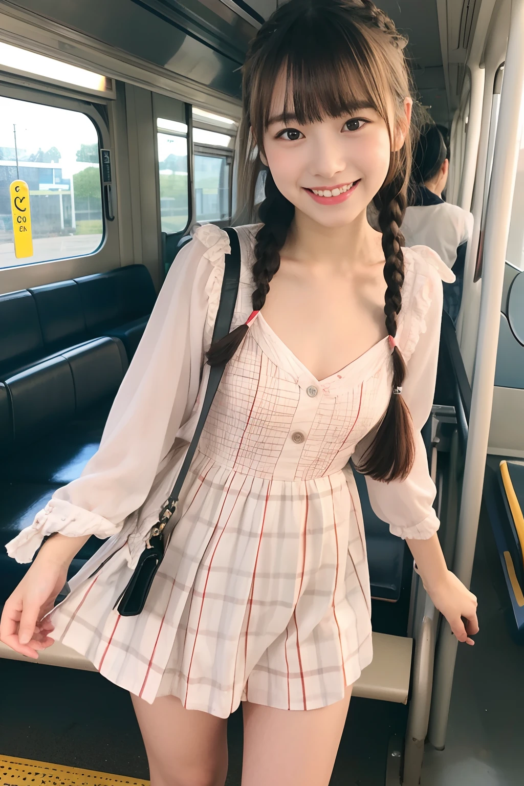(Best Quality), (Raw photo), (Beautiful Japan girl), (Cute childlike face), (flat chest), (masutepiece),
(freckle:0.6), Cute lips,
Dynamic lighting,
Smile, shame,
beautiful thigh,
Braid hair, flat bangs,
At the train station,
Polka dot blouse,
School Randoseru,
Watch the train,