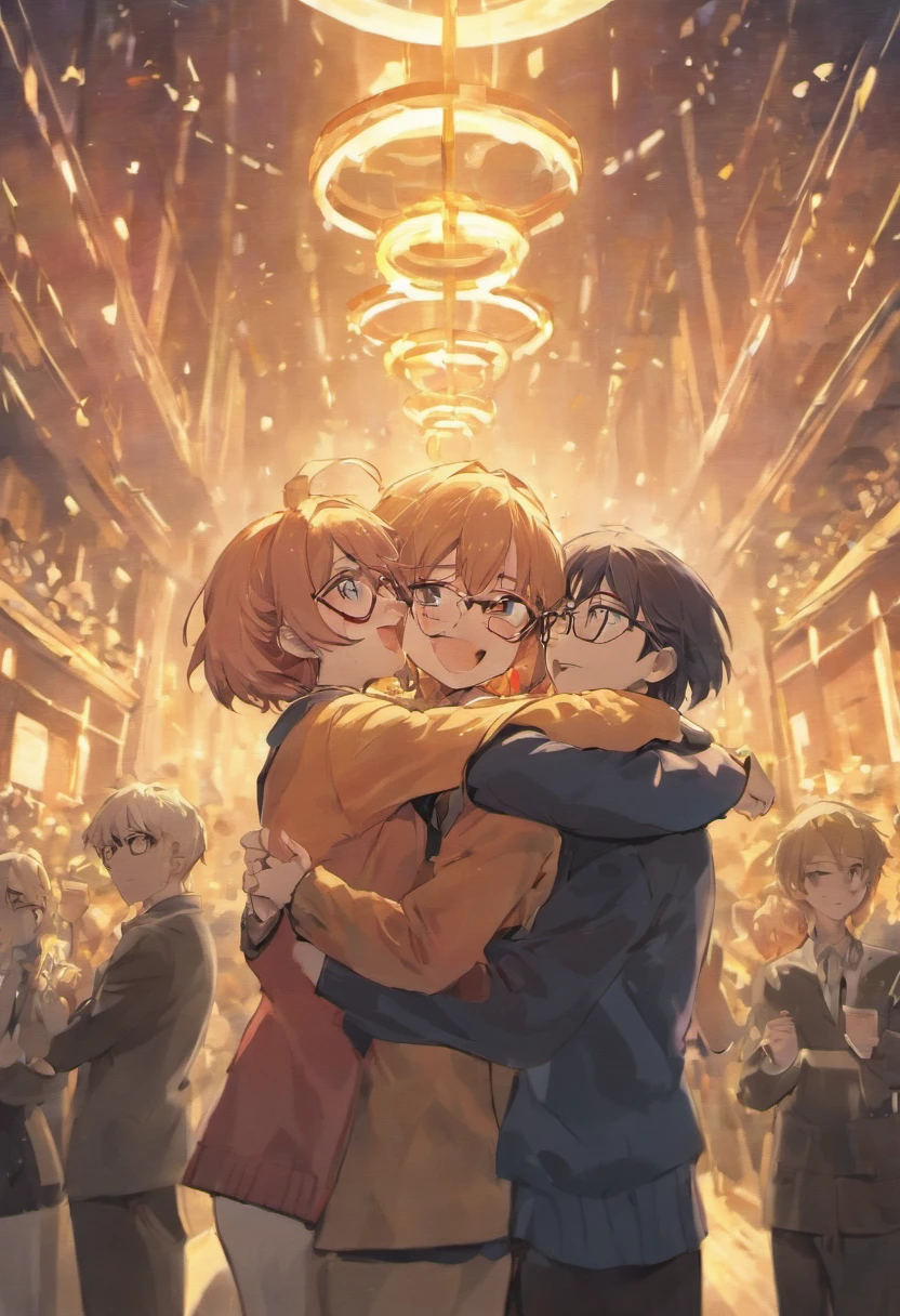 Create a scene where a group of friends are hugging each other warmly, Everyone wearing glasses and expressing happiness.