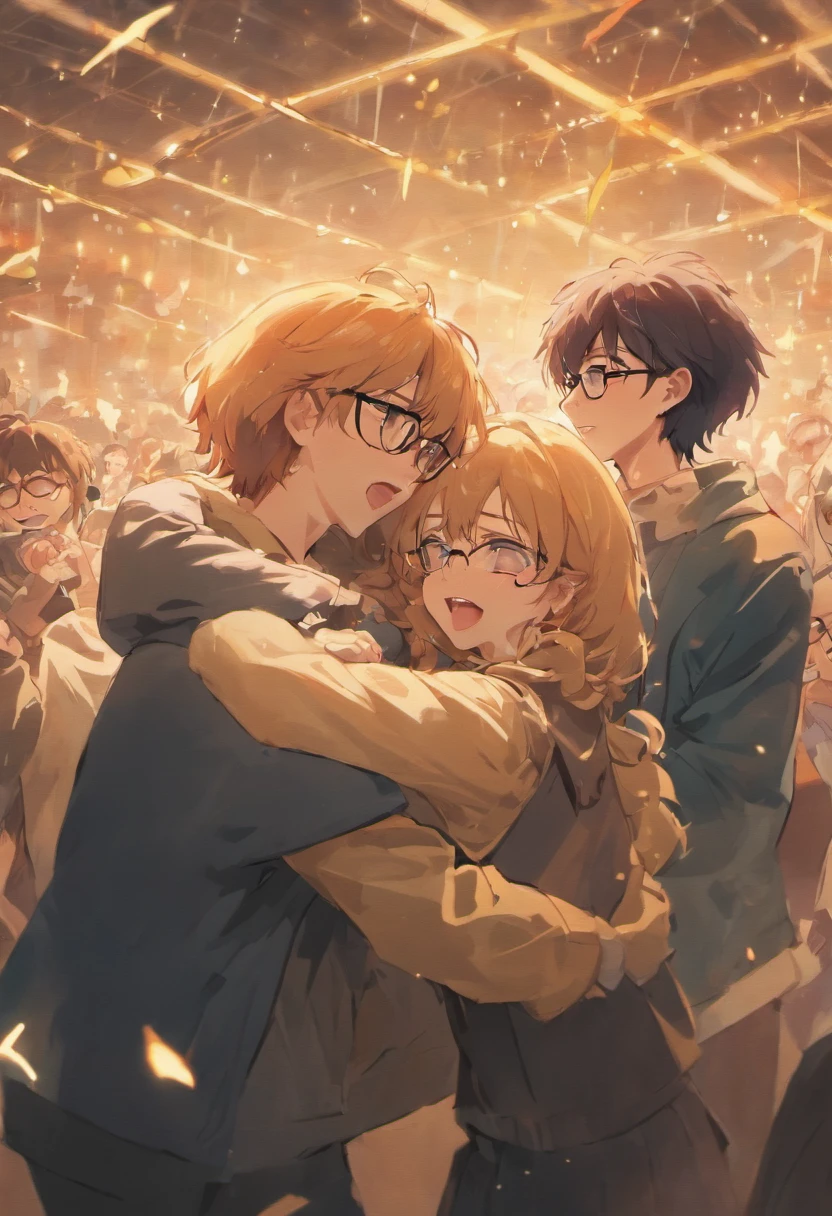 Create a scene where a group of friends are hugging each other warmly, Everyone wearing glasses and expressing happiness.
