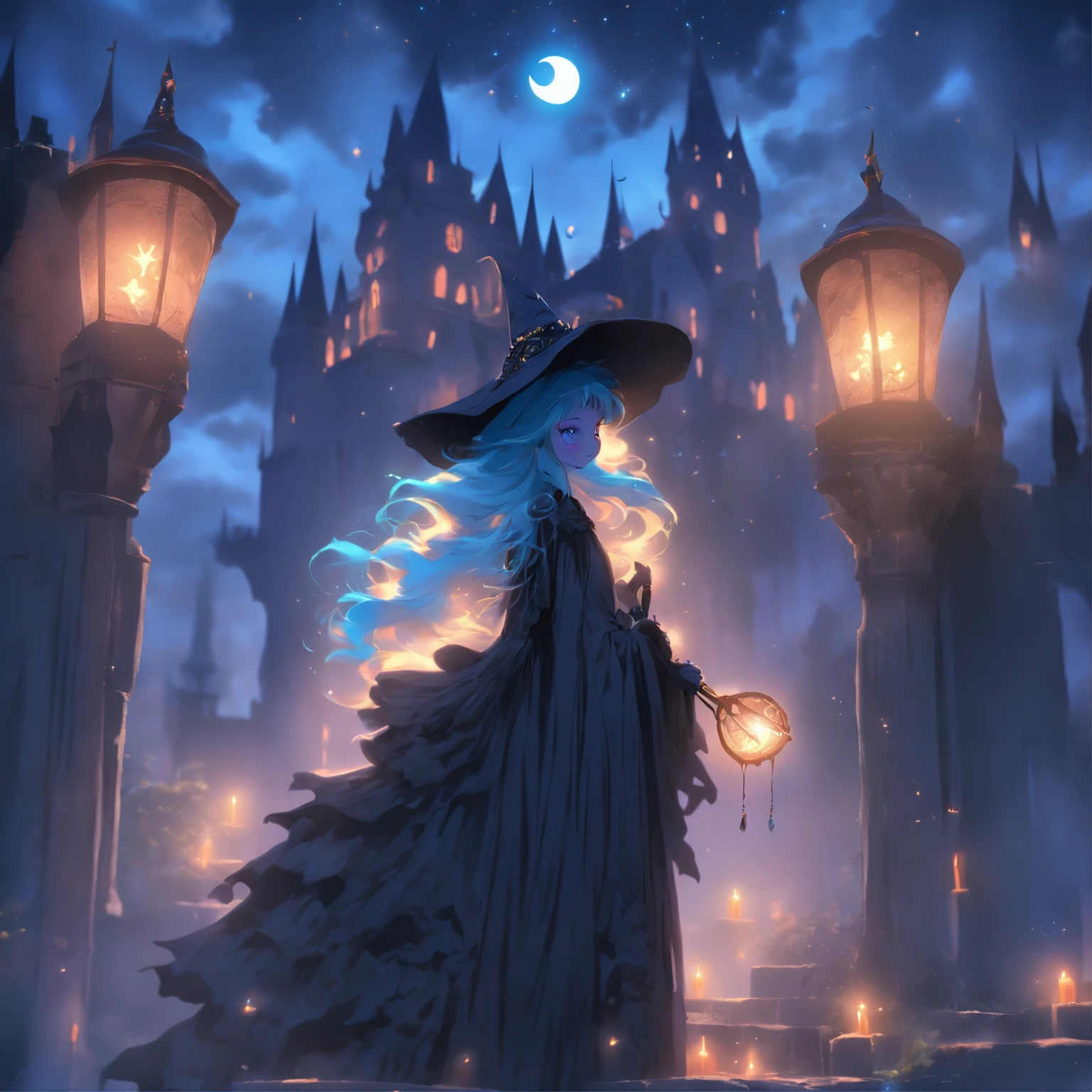 (best quality,4k,8k,highres,masterpiece:1.2),ultra-detailed,(realistic,photorealistic,photo-realistic:1.37),Female blue haired witch,moonlit castle,casting glowing blue spells,umbrella,gothic ta dress,night scene,enchanted atmosphere,detailed stars in the sky,magic wand,ominous clouds,floating candles,mysterious magic books,potion bottles on the shelves,spiderwebs in the corners,spooky ambiance,mystical incantations,hints of ancient symbols,witch's familiar,dark shadows,dramatic moonlight,subtle fog,whispers of wind,glimmering moon reflections on the castle walls,soft glow from the glowing spells,elaborate lace details on the dress,ornate designs on the umbrella,luminescent eyes,crackling magical energy,ethereal beauty of the witch,magical crescent moon on the witch's forehead,majestic architecture of the castle,hauntingly beautiful surroundings,colorful and vibrant spell effects,contrast between the witch's bright blue hair and the dark background,picturesque moonlit landscape,vivid colors,enchanted forest in the distance,rich textures in the dress and castle walls,mesmerizing composition,spires reaching towards the sky,air of mystery,illuminated windows in the castle,moon halo,whimsical and captivating scene.