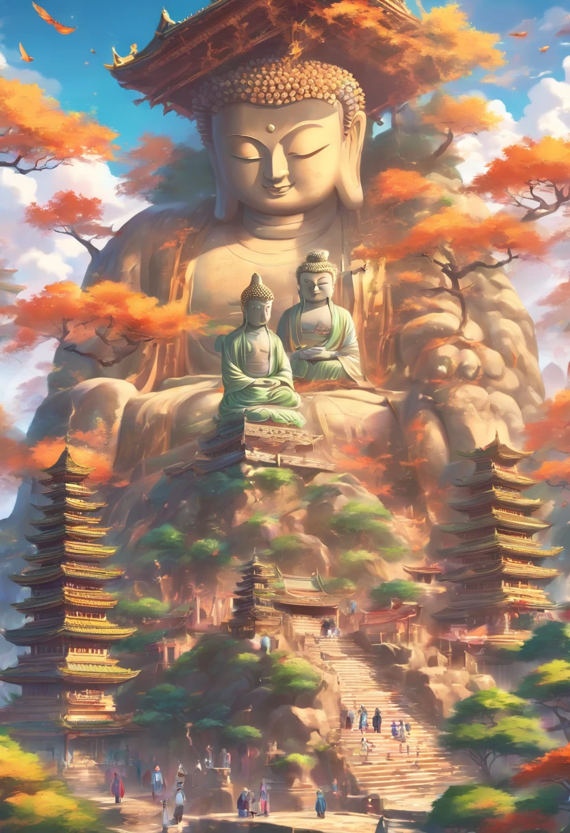 Giant stone Buddha，There are steps leading up to it, a Buddhist Buddha, buddhism, digital painting of a pagoda, Buddha, budista, a temple background, background artwork, inspired by Kaigetsudō Anchi, Bodhisattvas, beautiful render of tang dynasty, 4K highly detailed digital art, asian hyperdetailed