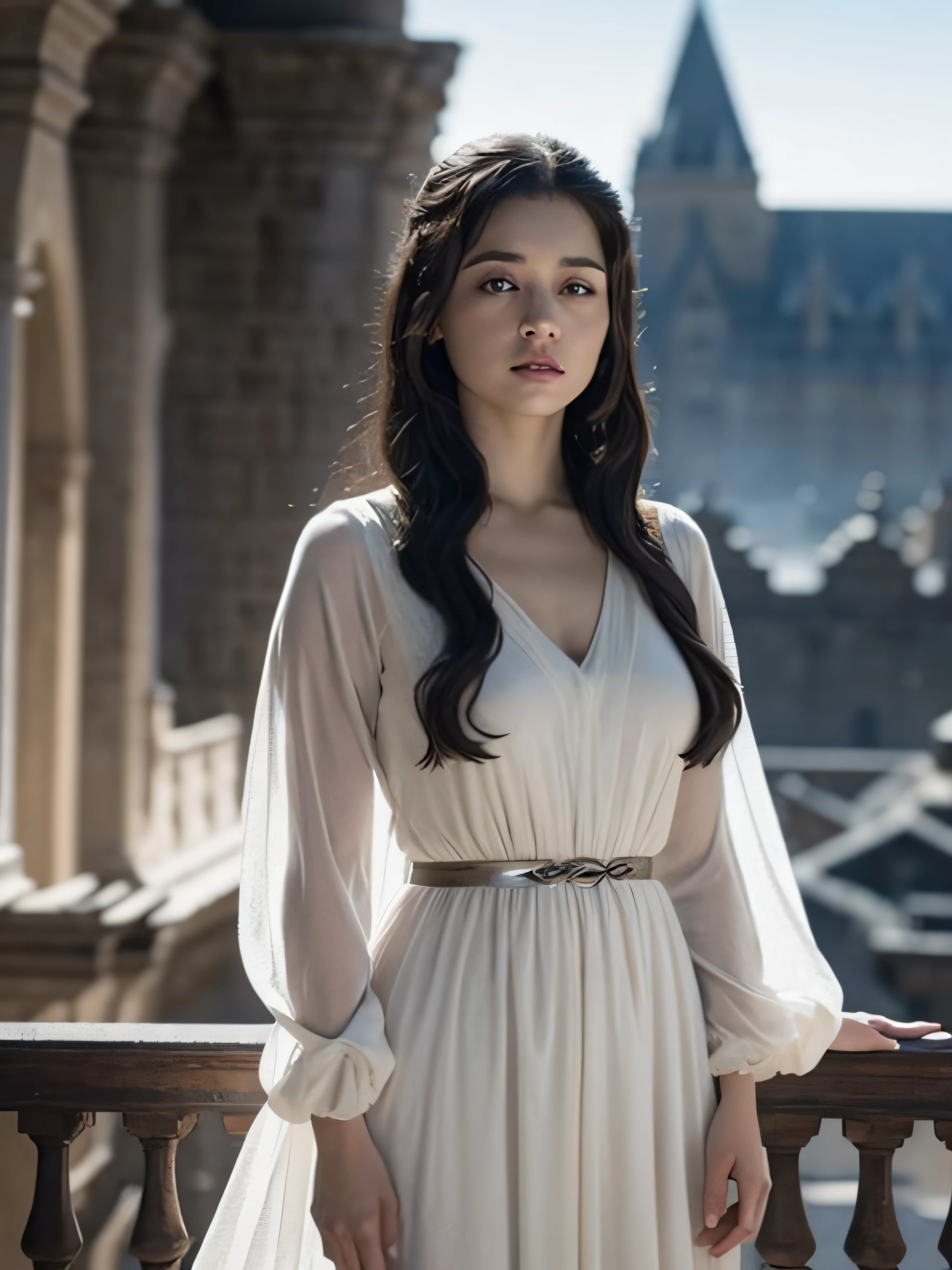 Oil painting of (sima_Emily Acclerk), (Long hair:1.1), (Standing on Balcony), (White tunic:1.1), perfect thighs, (Game of Thrones Castle in the background:1.2), Atmospheric lighting, Cinematic composition, Concept art, Digital Illustration, Detailed, Brian M. Vivelos、by maciej kuciara、Art by Mark Keithley, Natural light, 4K, high-detail, ((Perfect eyes)), (Detailed pupils), The dim, (Black hair:1.3)