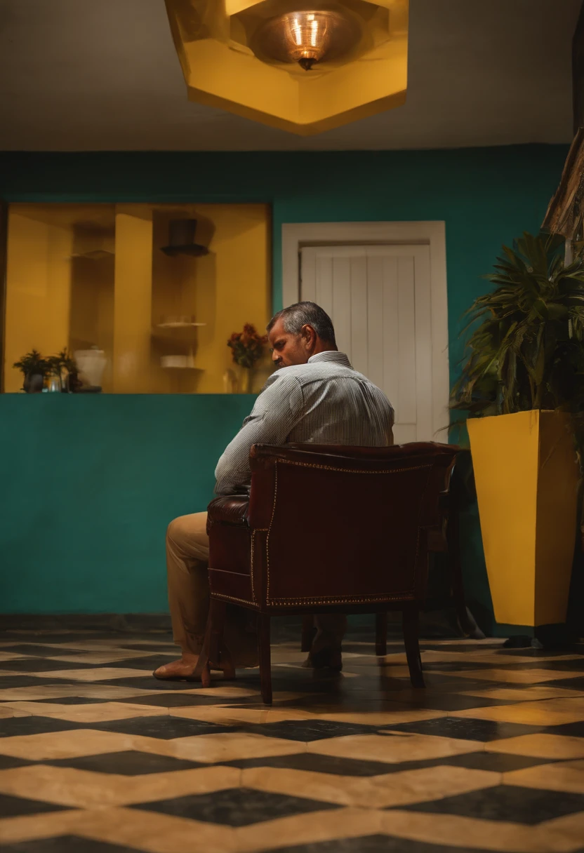 Um Homem, moreno, 45 anos, em uma sala, sentado na cadeira, with his head down, na frente dele uma mulher alta, ela segura uma banana pequena
